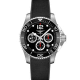 Reloj Longines HydroConquest Cronógrafo de 43 mm con esfera negra, caja de acero y cerámica y correa de caucho negra.