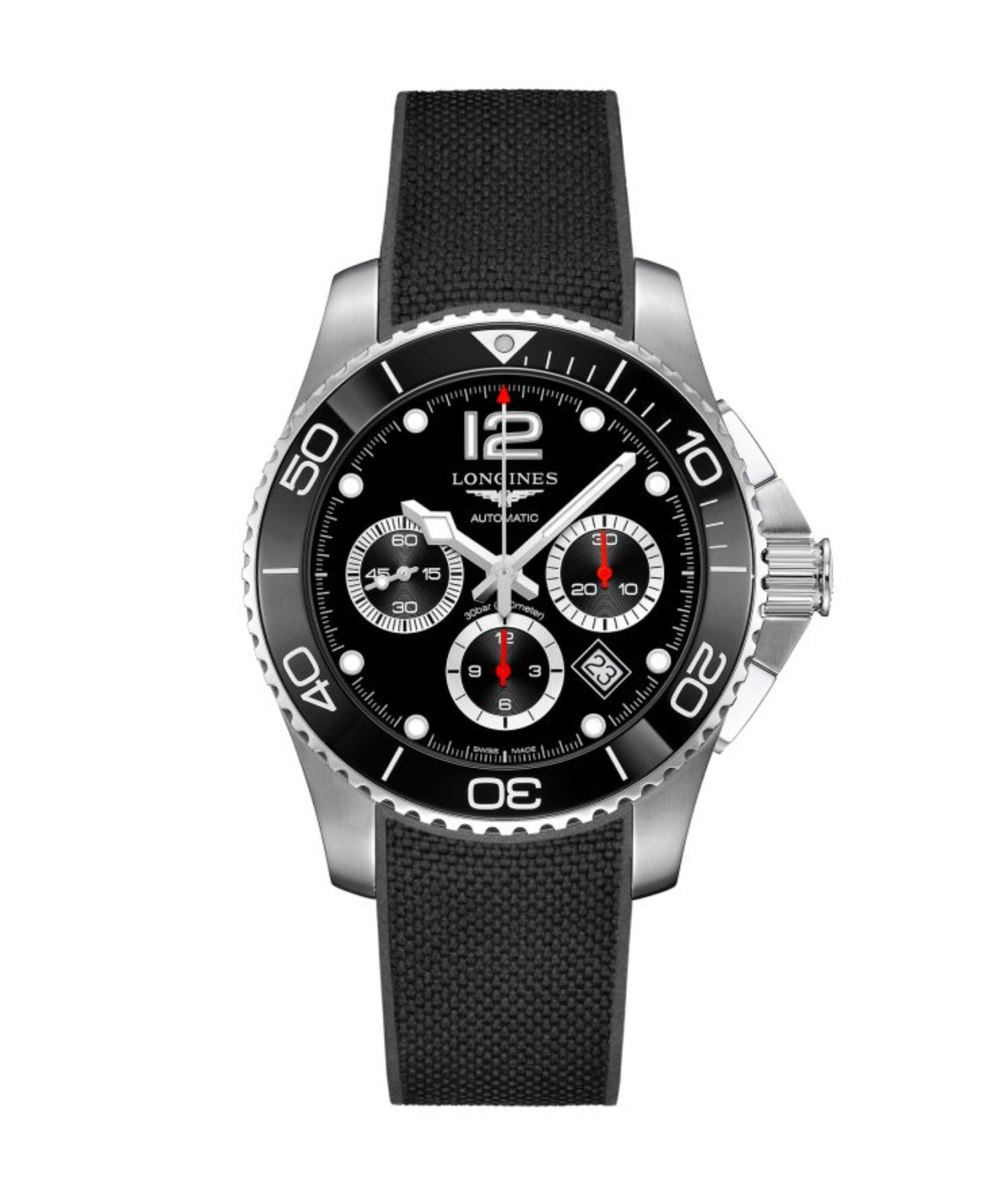 Reloj Longines HydroConquest Cronógrafo de 43 mm con esfera negra, caja de acero y cerámica y correa de caucho negra.