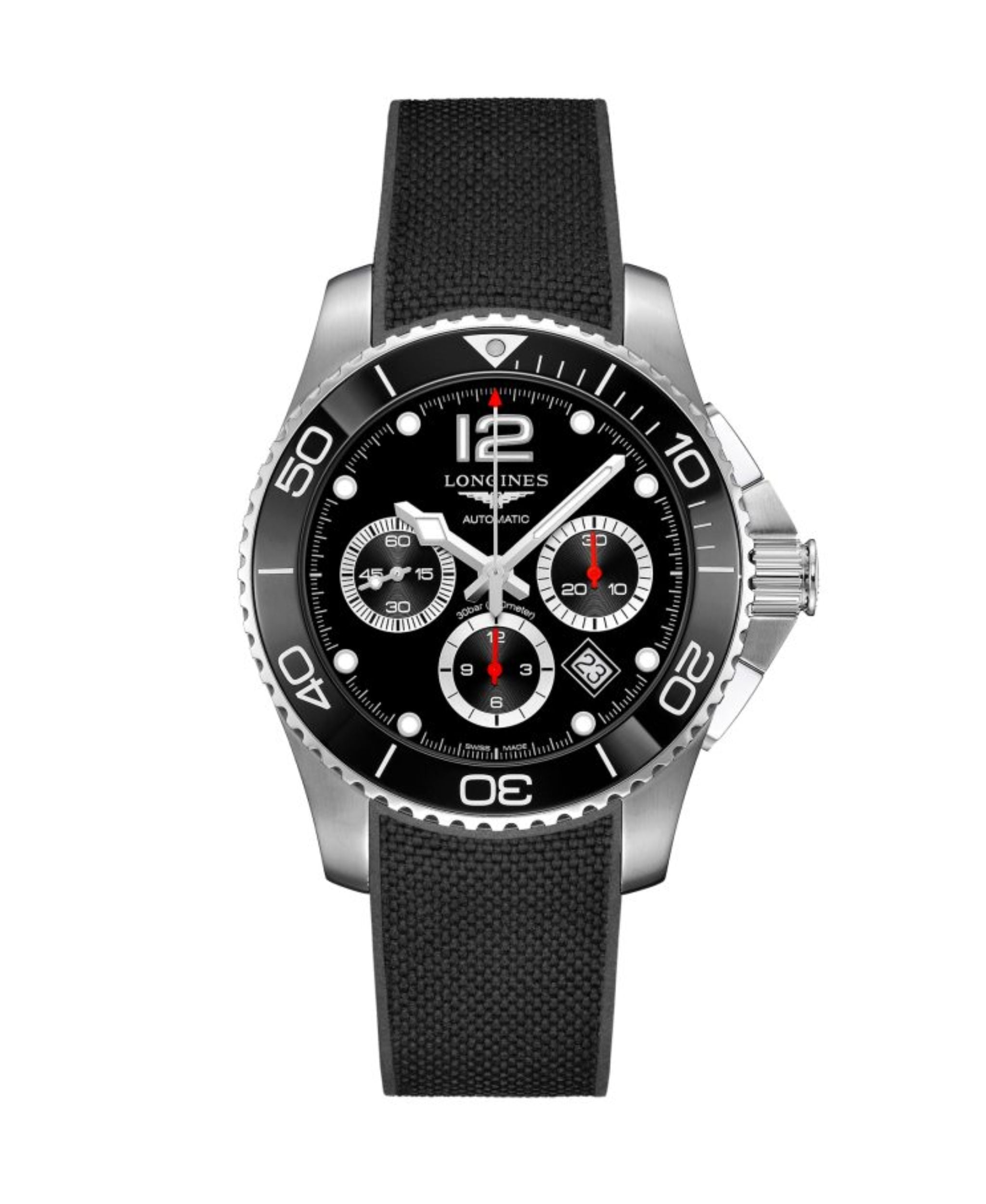 Reloj Longines HydroConquest Cronógrafo de 43 mm con esfera negra, caja de acero y cerámica y correa de caucho negra.