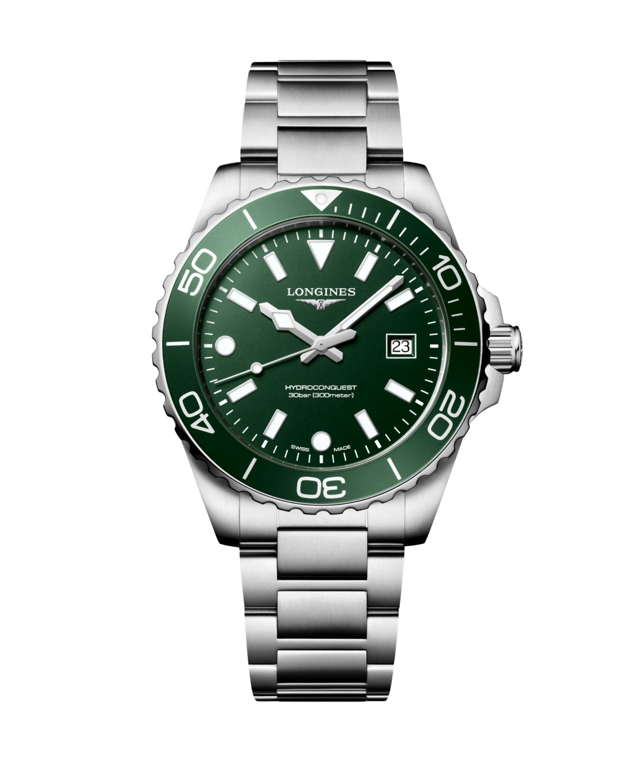 Reloj Longines HydroConquest de 42 mm con esfera verde, caja de acero y brazalete de acero inoxidable.
