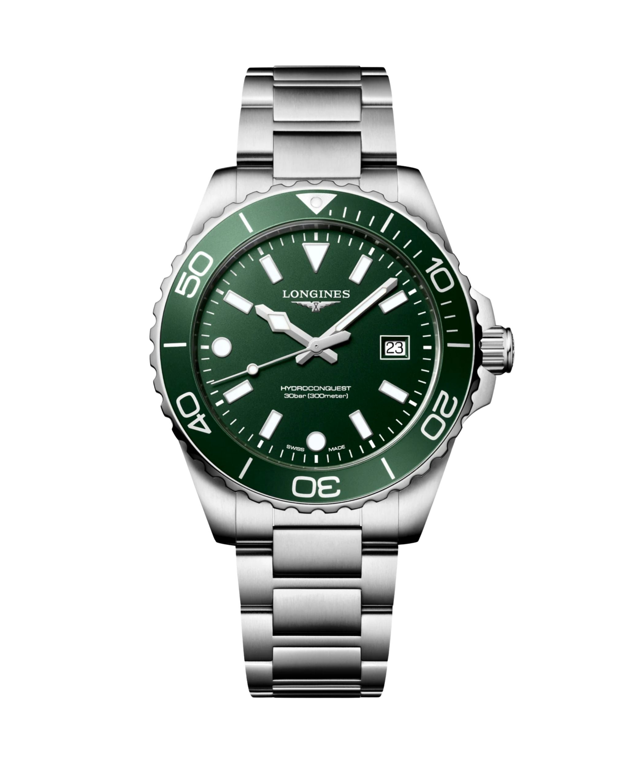 Reloj Longines HydroConquest de 42 mm con esfera verde, caja de acero y brazalete de acero inoxidable.
