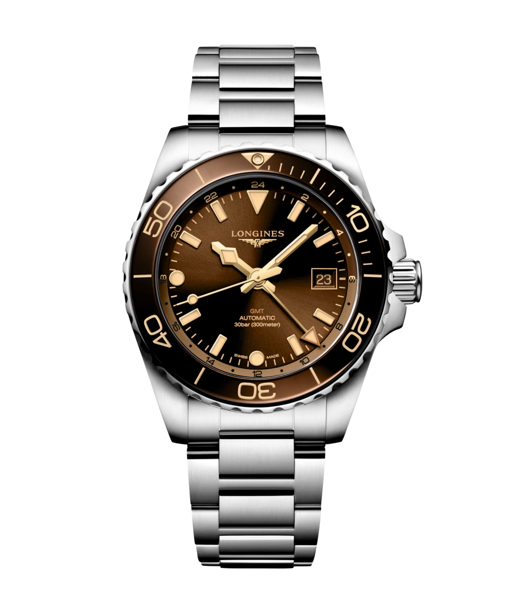 Reloj Longines HydroConquest GMT de 41 mm con esfera marrón, caja de acero y cerámica y brazalete de acero.