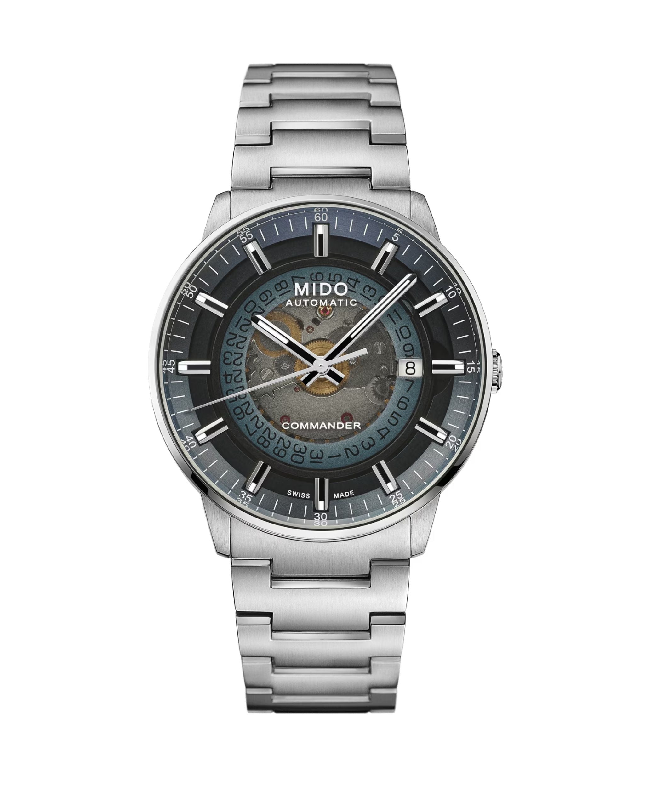 MIDO Commander Gradient con esfera azul degradada, caja de acero de 40 mm y brazalete de acero inoxidable.