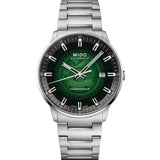MIDO Commander Gradient de 40 mm con esfera verde transparente, caja y brazalete de acero inoxidable.