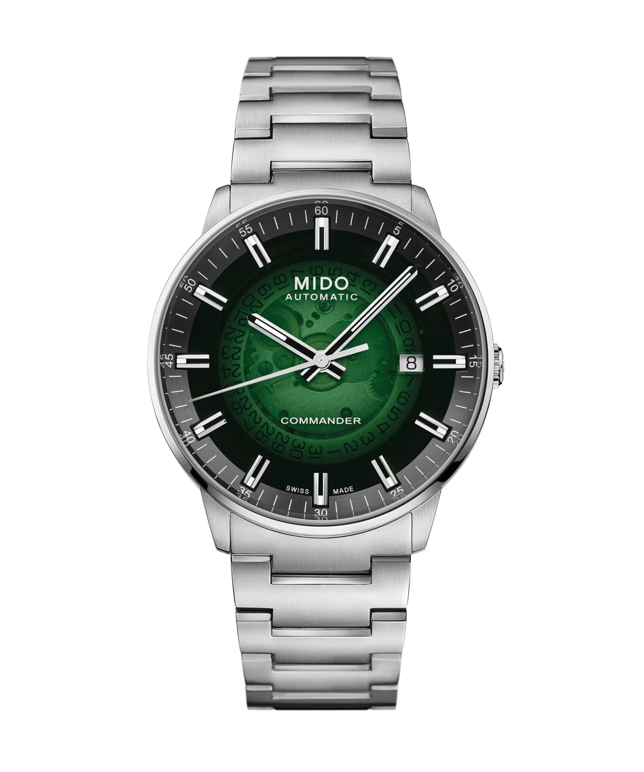 MIDO Commander Gradient de 40 mm con esfera verde transparente, caja y brazalete de acero inoxidable.