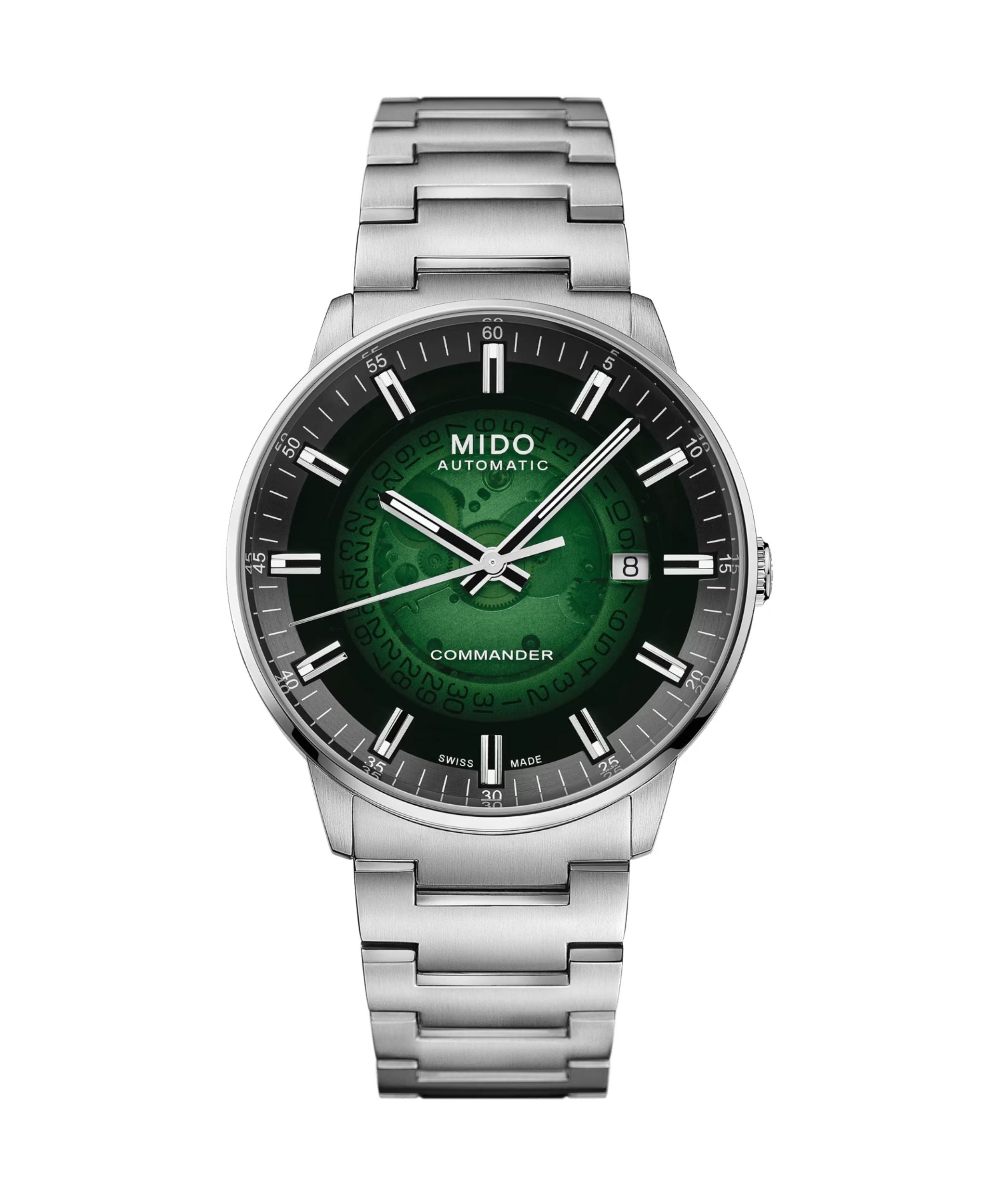 MIDO Commander Gradient de 40 mm con esfera verde transparente, caja y brazalete de acero inoxidable.