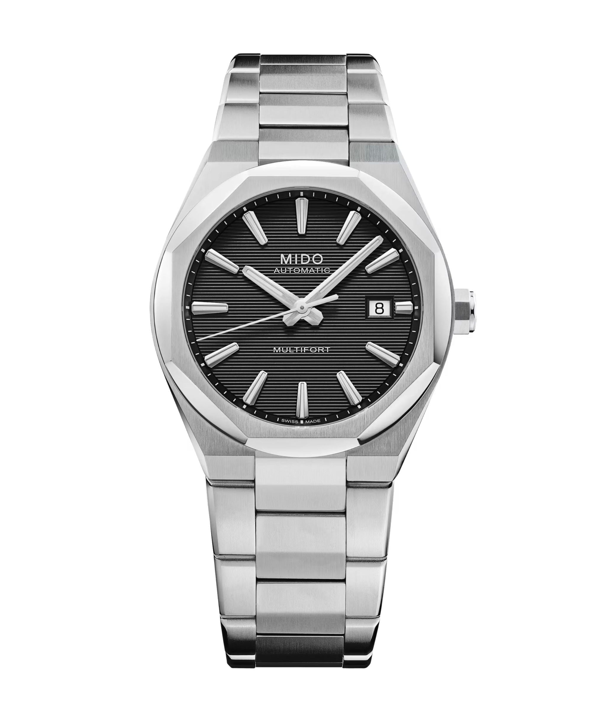 MIDO Multifort 8 One Crown con esfera negra, caja y brazalete de acero inoxidable de 38.4 x 40 mm.