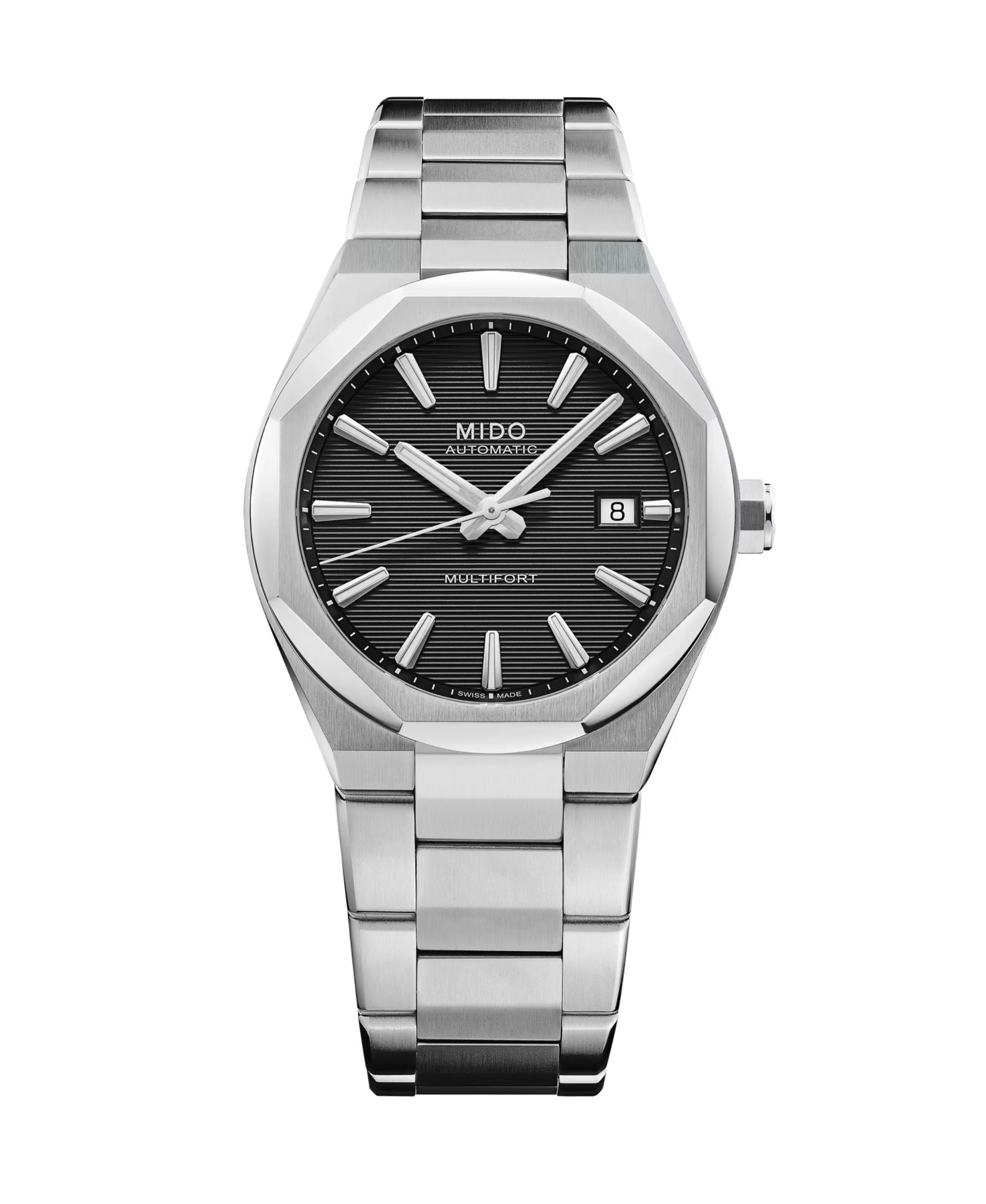 MIDO Multifort 8 One Crown con esfera negra, caja y brazalete de acero inoxidable de 38.4 x 40 mm.