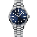 MIDO Multifort Patrimony Powerwind de 40 mm con esfera azul, caja de acero y brazalete de acero inoxidable.