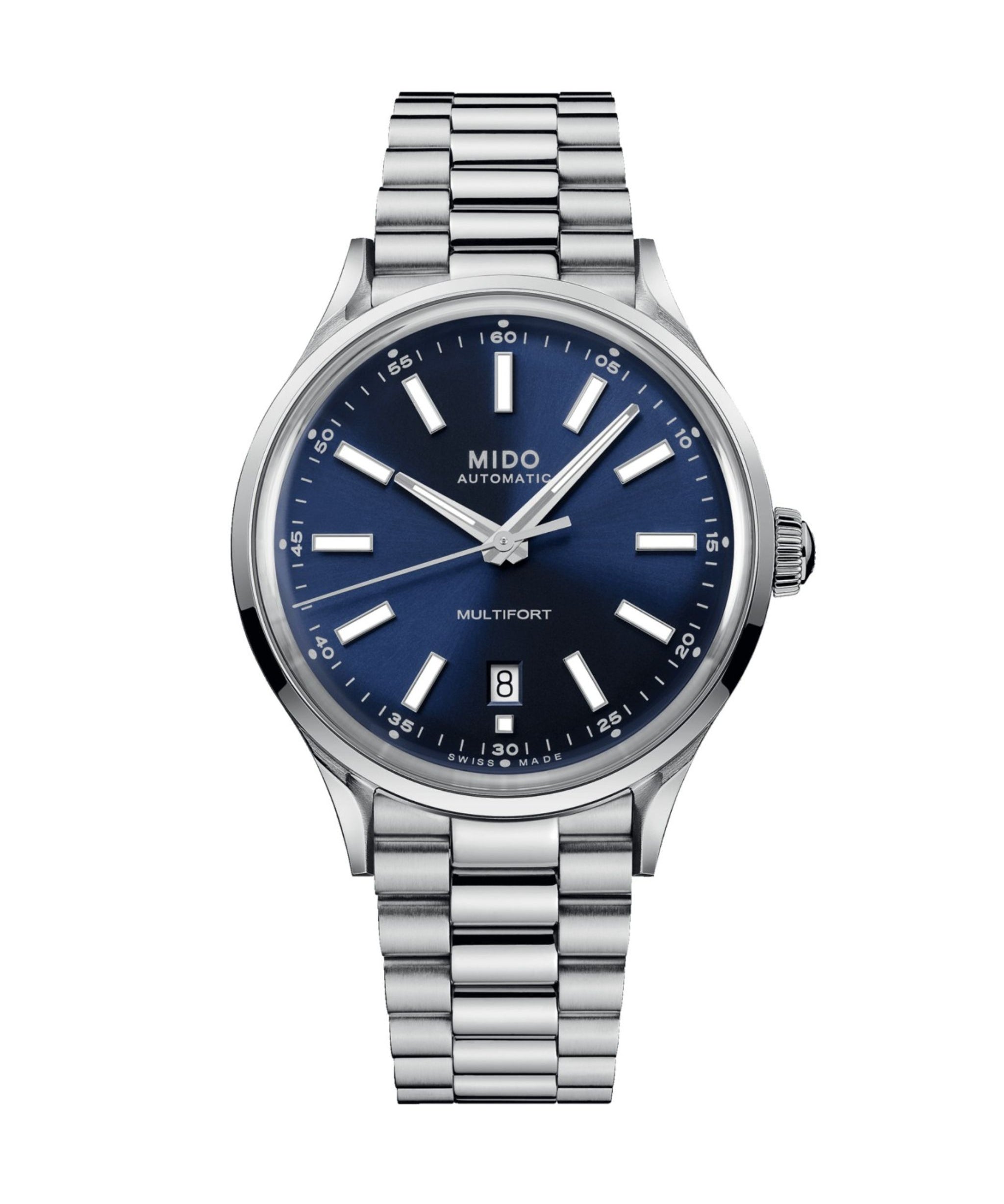 MIDO Multifort Patrimony Powerwind de 40 mm con esfera azul, caja de acero y brazalete de acero inoxidable.