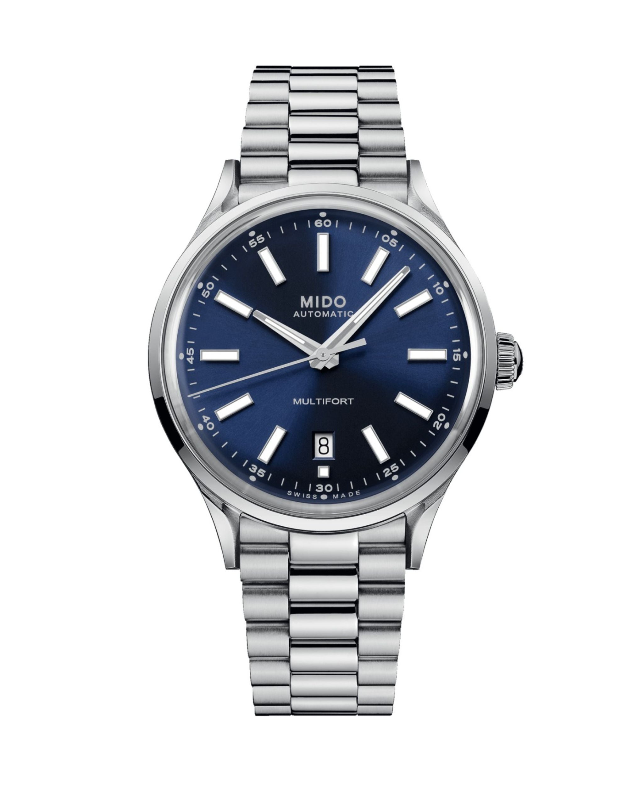 MIDO Multifort Patrimony Powerwind de 40 mm con esfera azul, caja de acero y brazalete de acero inoxidable.