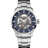 MIDO Multifort Skeleton Vertigo con esfera azul esqueletada, caja de acero de 42 mm y brazalete de acero.