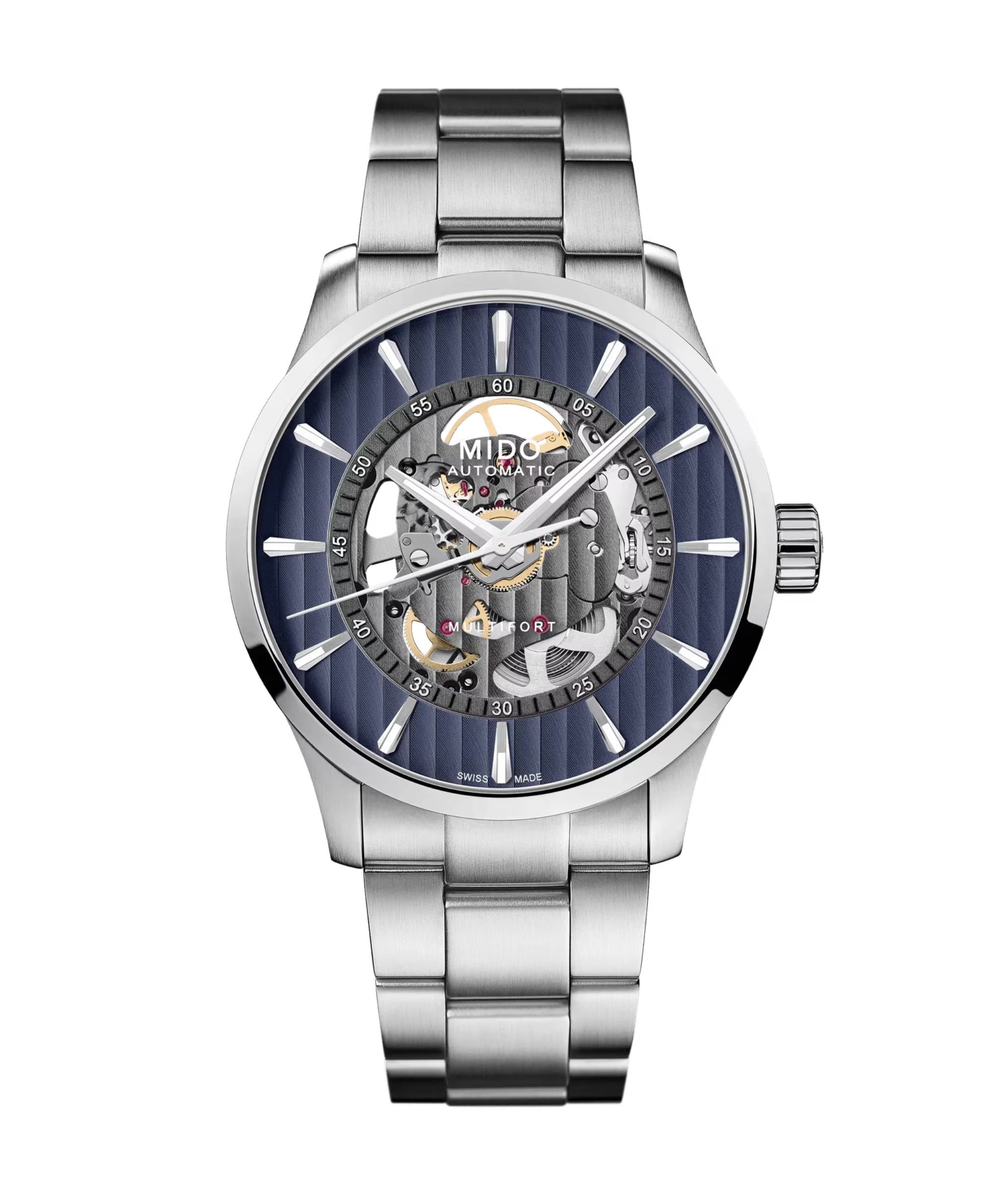 MIDO Multifort Skeleton Vertigo con esfera azul esqueletada, caja de acero de 42 mm y brazalete de acero.