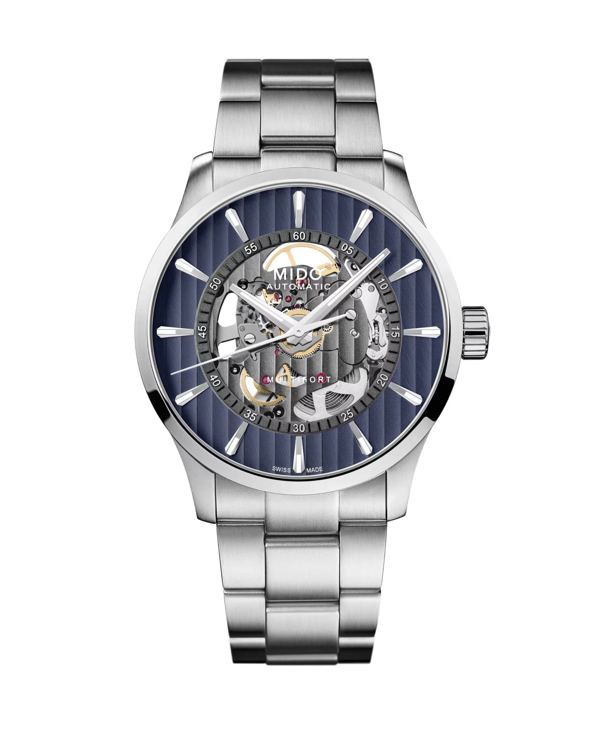 MIDO Multifort Skeleton Vertigo con esfera azul esqueletada, caja de acero de 42 mm y brazalete de acero.
