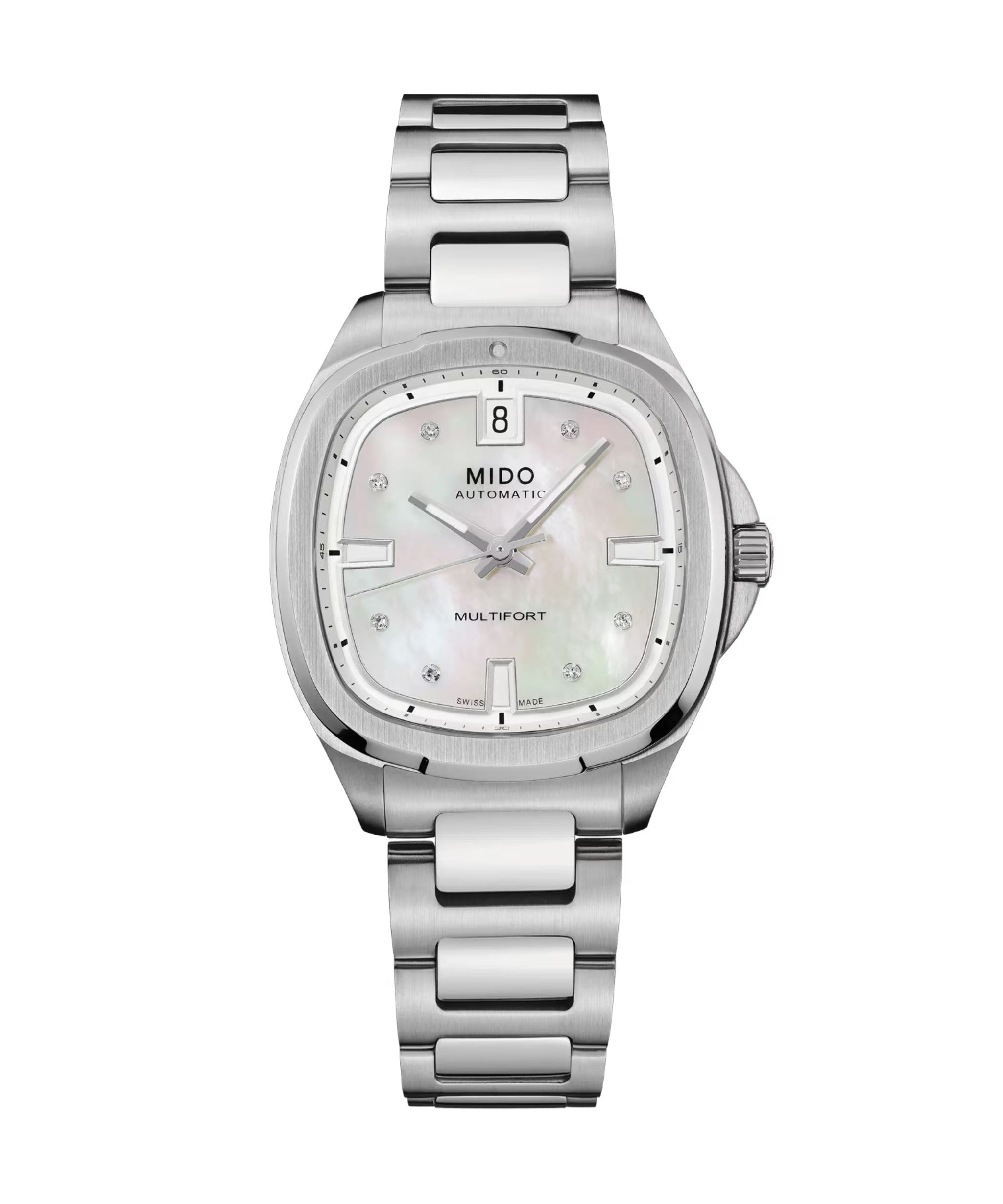 MIDO Multifort TV 35 con esfera blanca de madreperla y diamantes, caja y brazalete de acero de 34.2 x 35 mm.