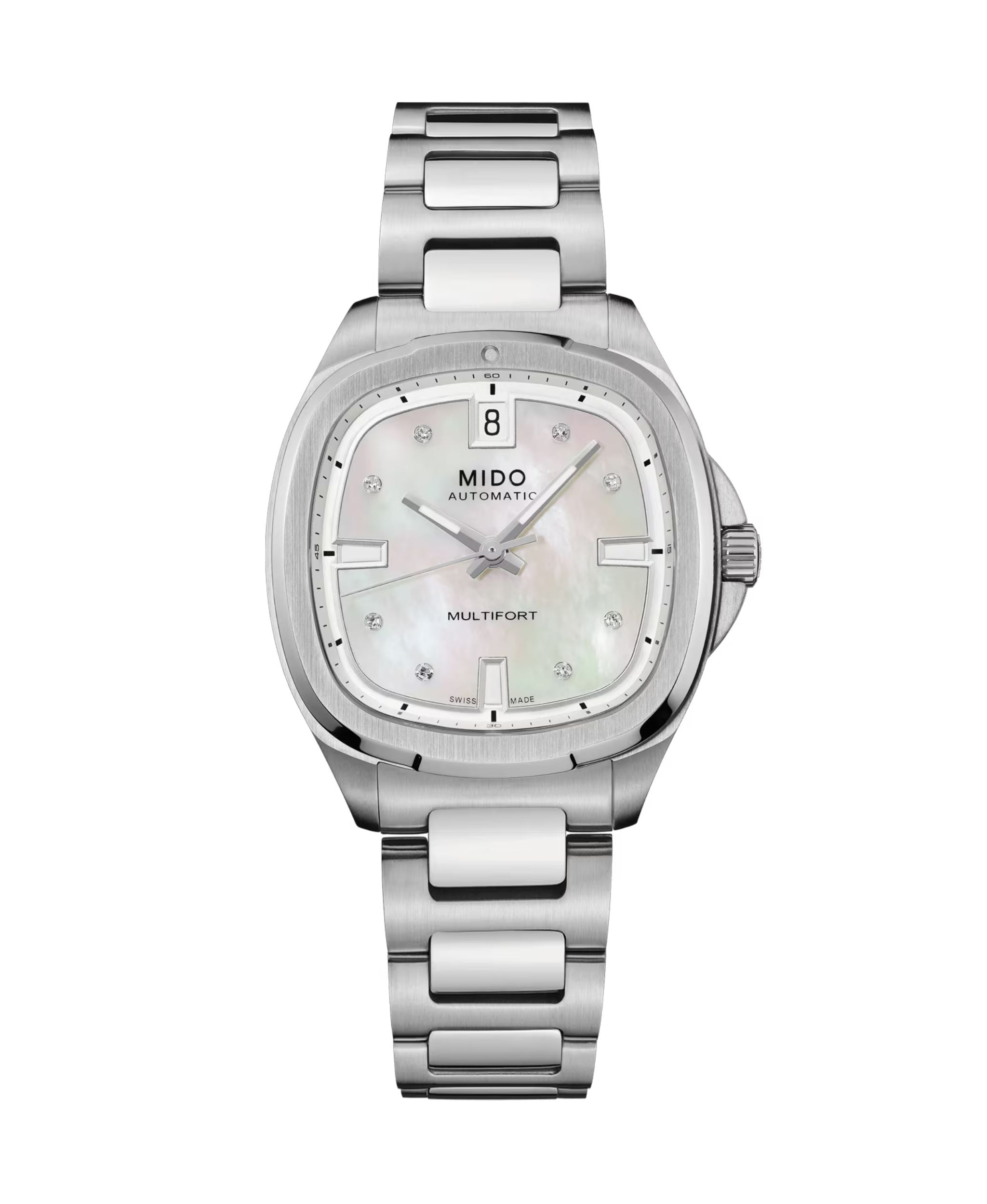 MIDO Multifort TV 35 con esfera blanca de madreperla y diamantes, caja y brazalete de acero de 34.2 x 35 mm.