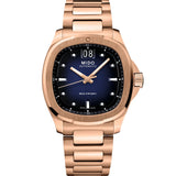 MIDO Multifort TV Big Date con esfera azul, caja de acero PVD oro rosa y brazalete de 39.2 x 40 mm.
