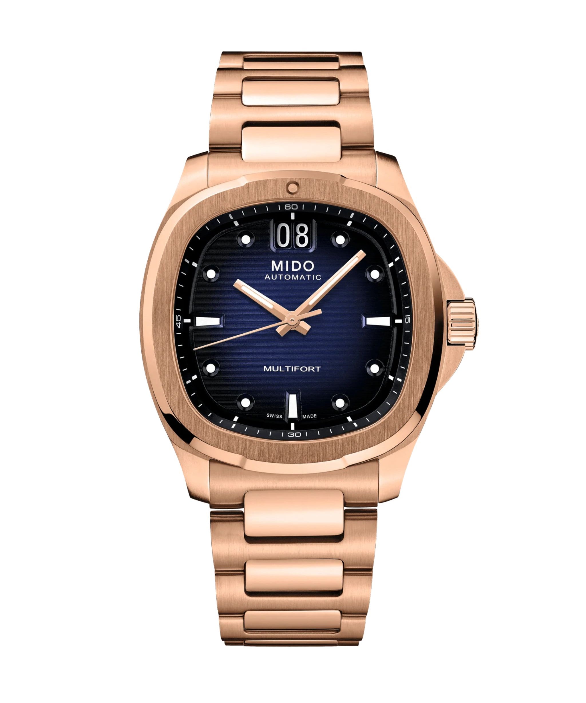 MIDO Multifort TV Big Date con esfera azul, caja de acero PVD oro rosa y brazalete de 39.2 x 40 mm.