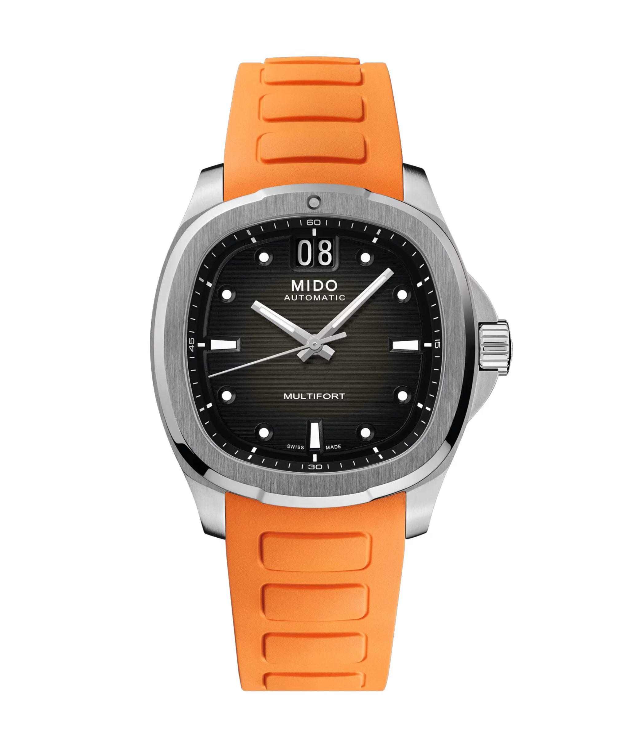 MIDO Multifort TV Big Date con esfera gris, caja de acero de 39.2 x 40 mm y correa de caucho naranja.