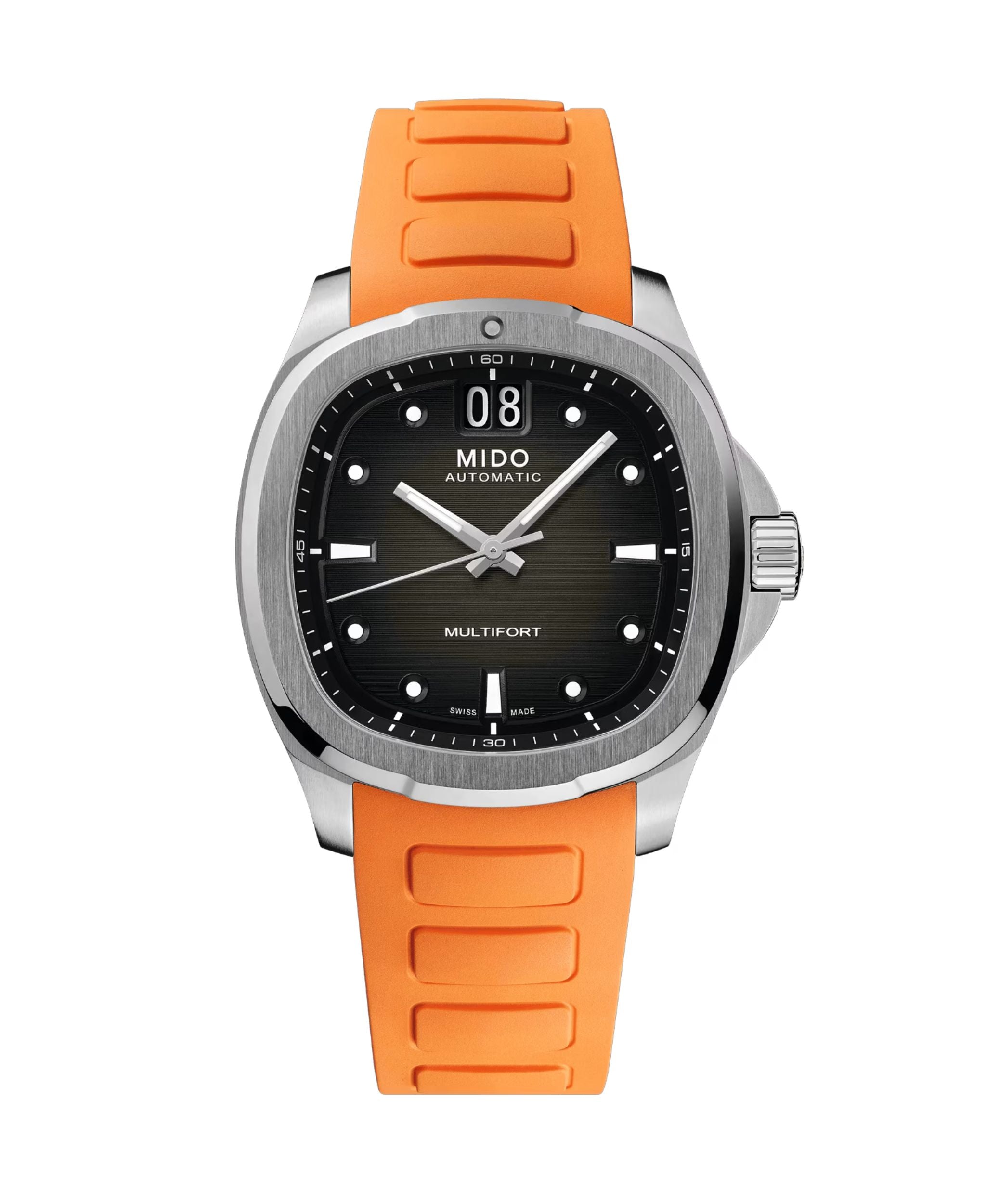 MIDO Multifort TV Big Date con esfera gris, caja de acero de 39.2 x 40 mm y correa de caucho naranja.