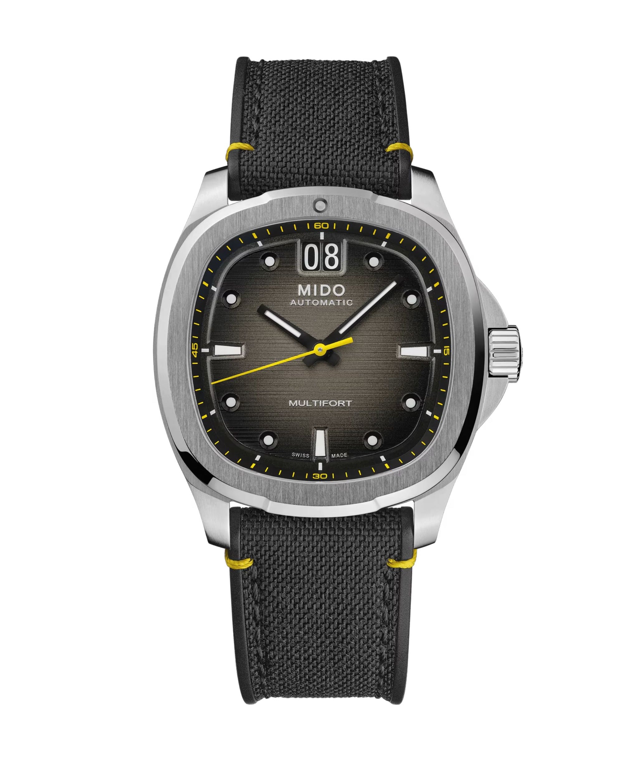 MIDO Multifort TV Big Date con esfera gris degradada, caja de acero de 39.2 x 40 mm y correa negra de tejido.