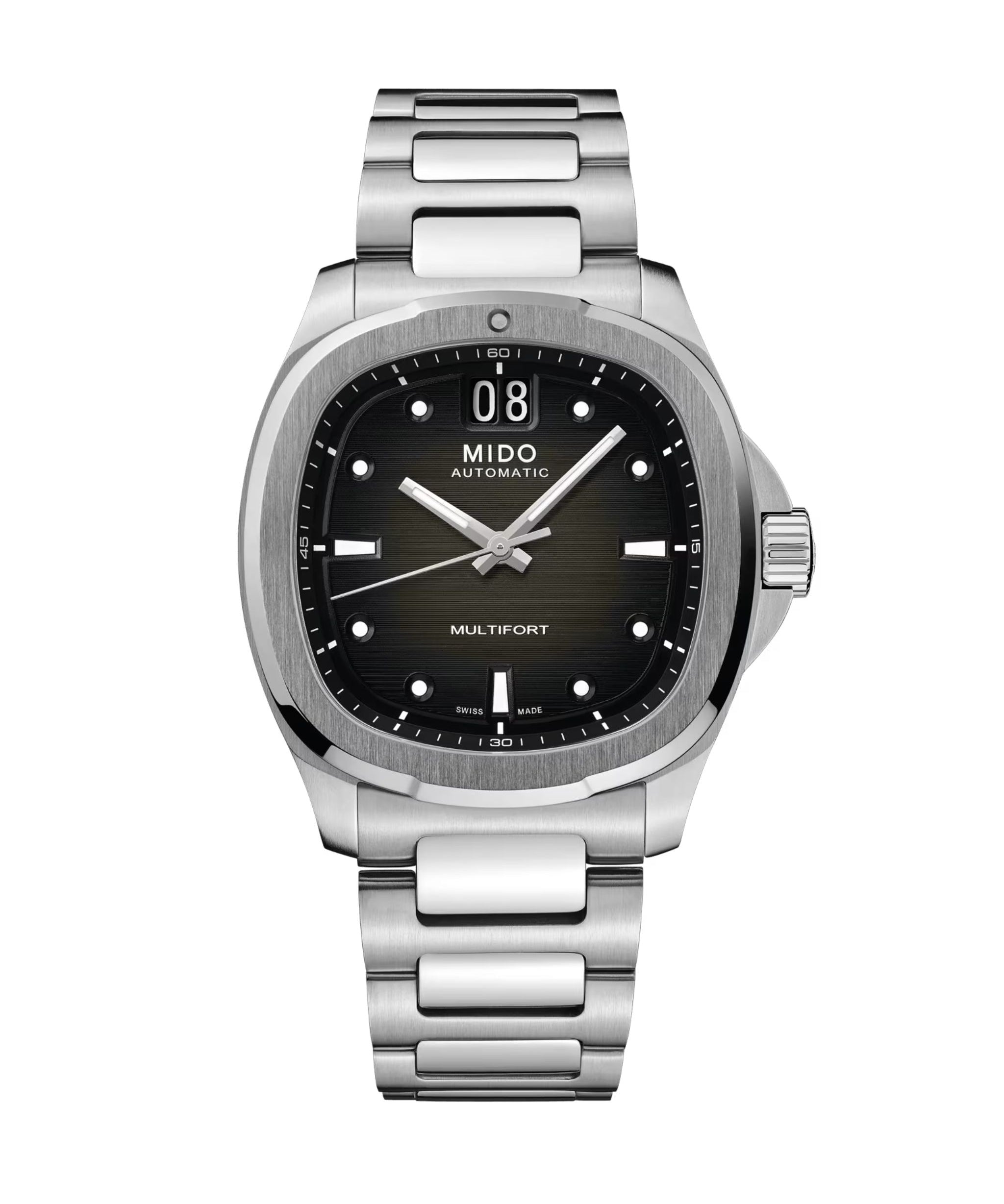 MIDO Multifort TV Big Date con esfera gris, caja rectangular y brazalete de acero de 39.2 x 40 mm.
