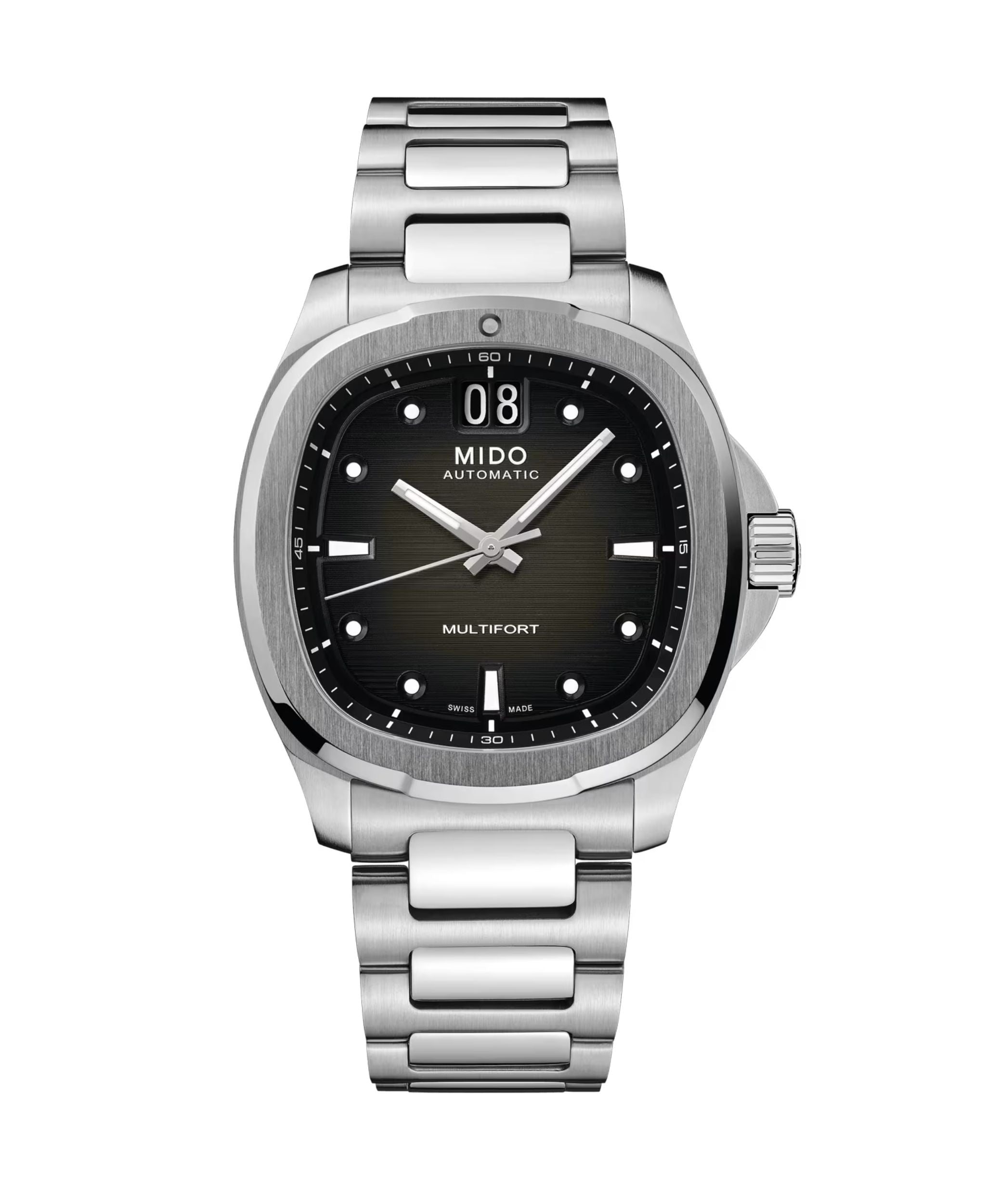 MIDO Multifort TV Big Date con esfera gris, caja rectangular y brazalete de acero de 39.2 x 40 mm.