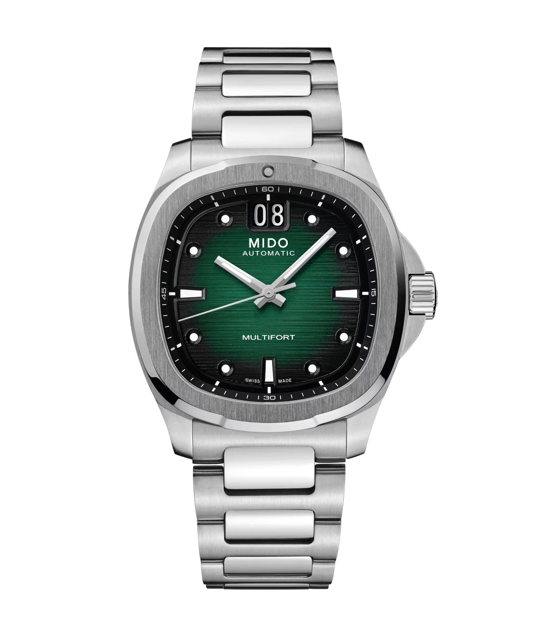 MIDO Multifort TV Big Date con esfera verde, caja rectangular y brazalete de acero de 39.2 x 40 mm.