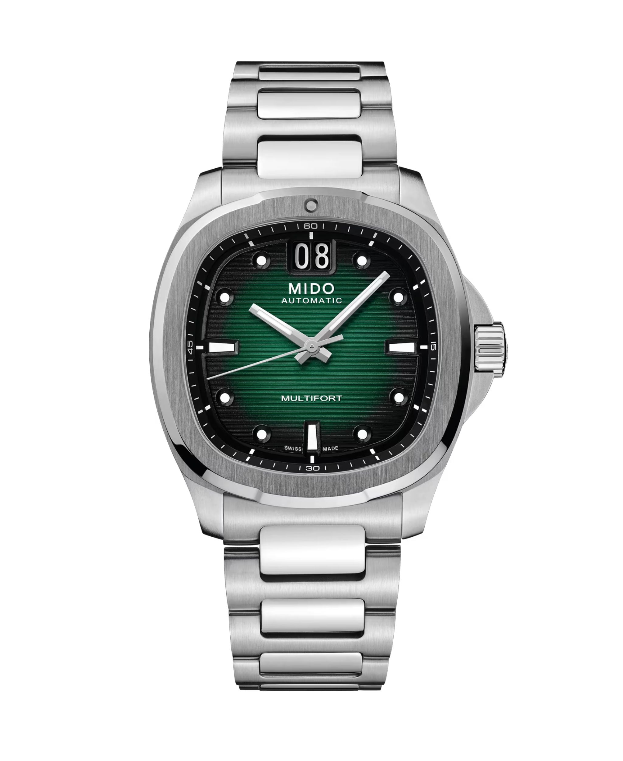 MIDO Multifort TV Big Date con esfera verde, caja rectangular y brazalete de acero de 39.2 x 40 mm.