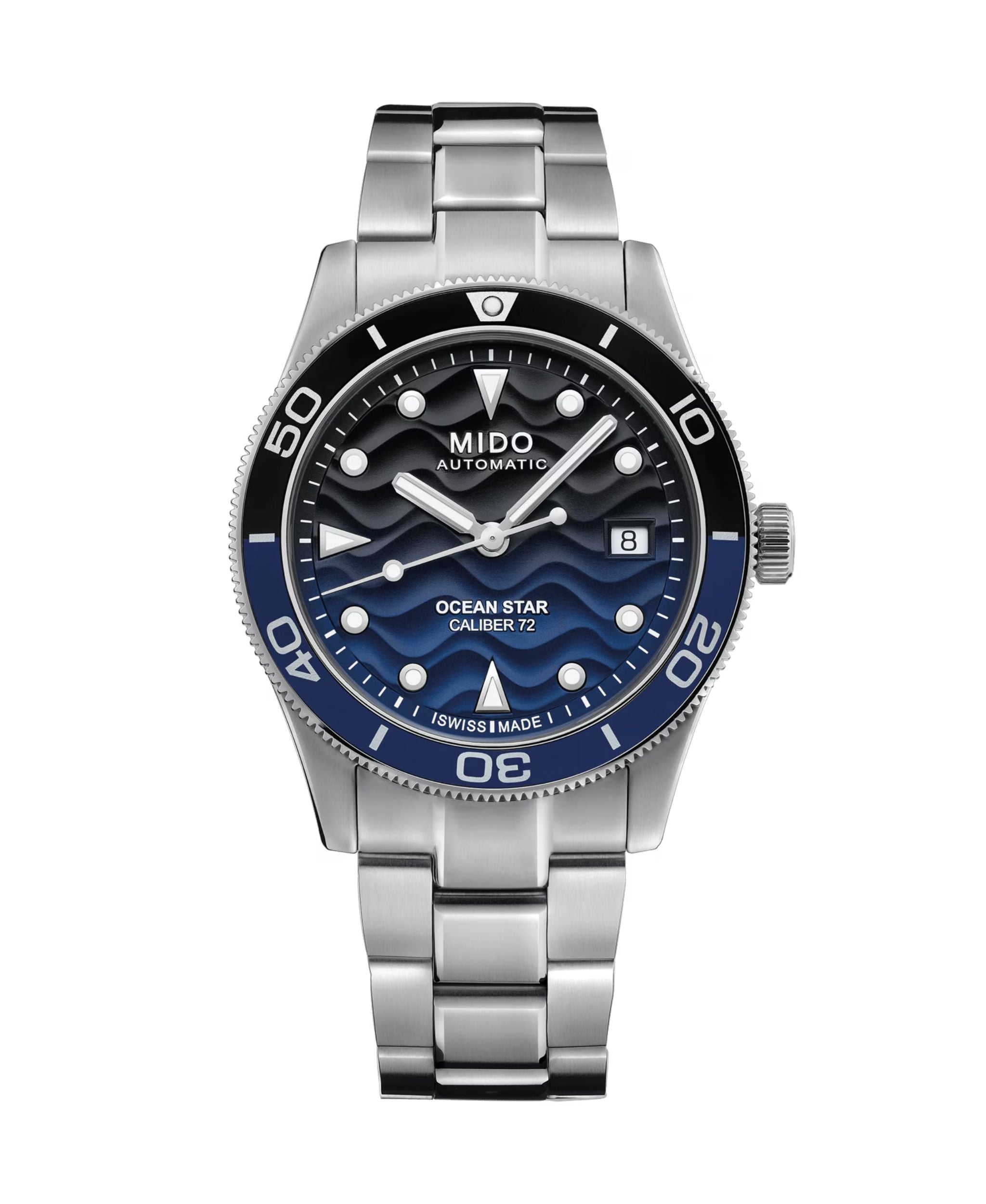 MIDO Ocean Star con esfera azul degradada, caja y brazalete de acero inoxidable de 39 mm.