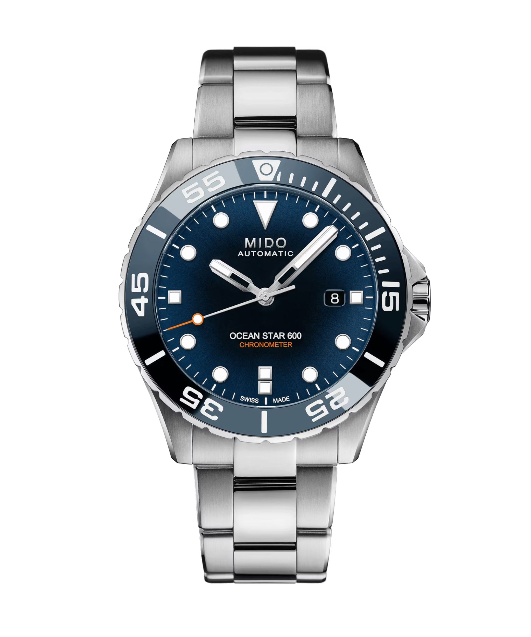 MIDO Ocean Star 600 Chronometer de 43.5 mm con esfera azul, caja de acero y brazalete de acero.