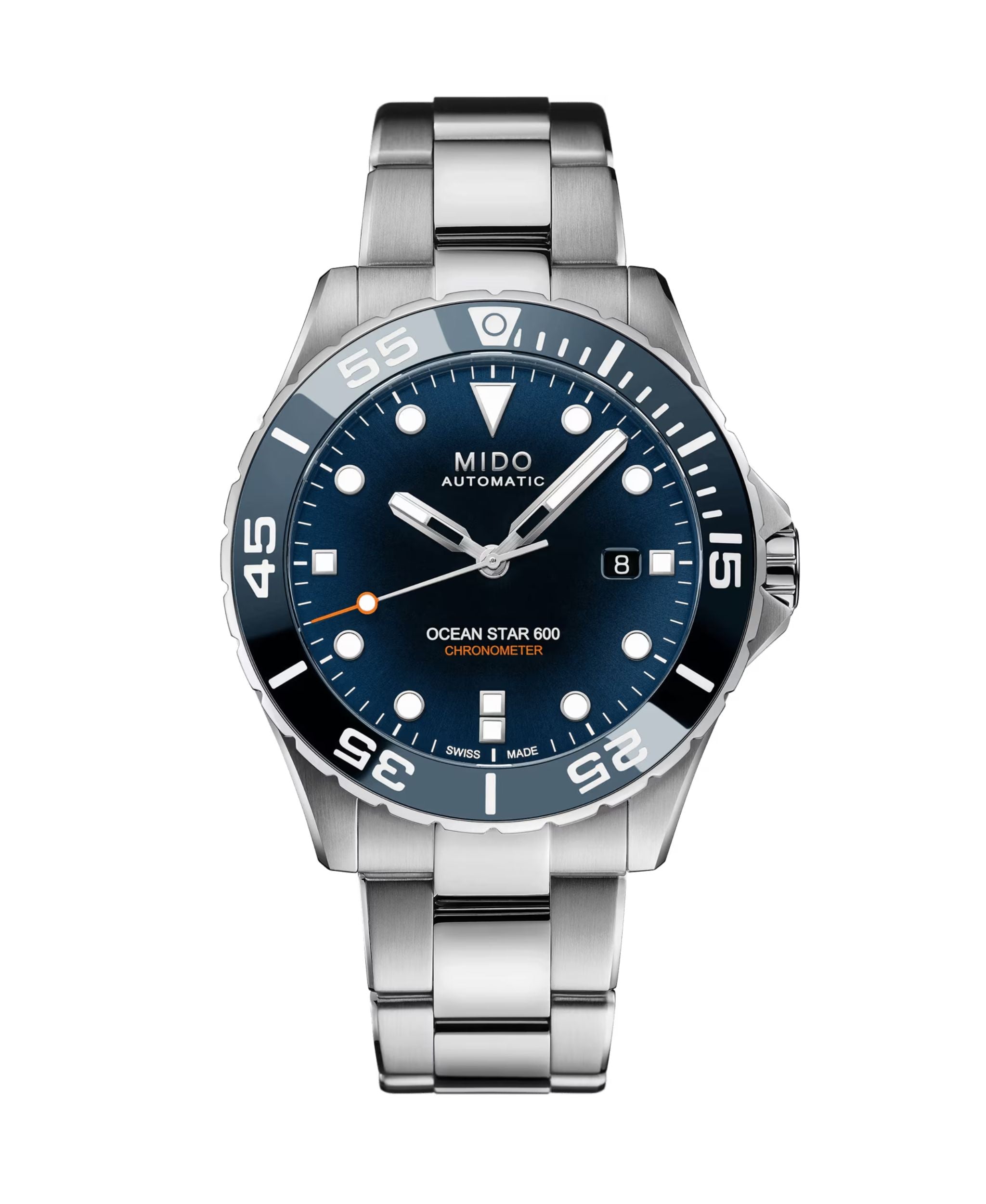 MIDO Ocean Star 600 Chronometer de 43.5 mm con esfera azul, caja de acero y brazalete de acero.
