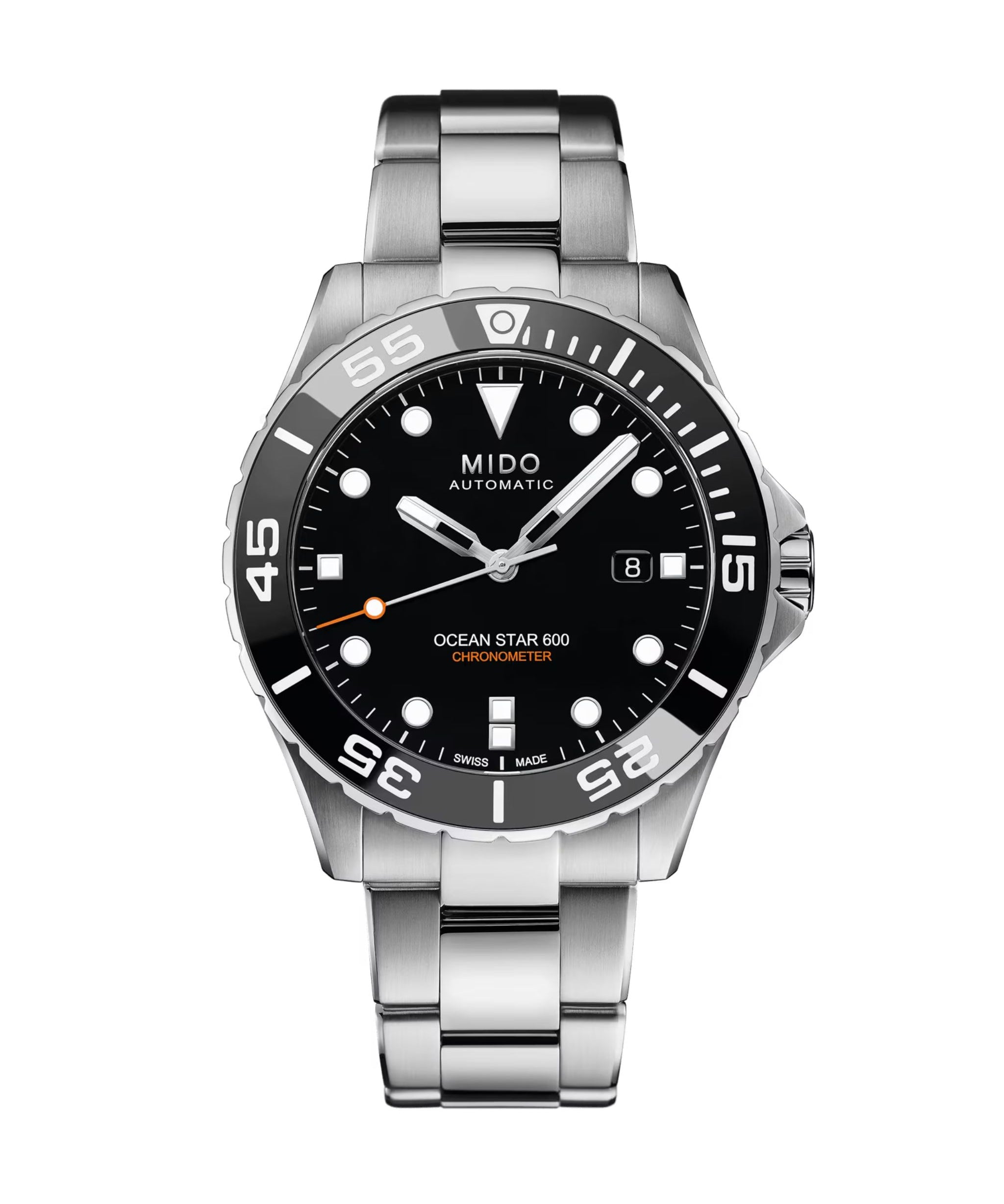 MIDO Ocean Star 600 Chronometer de 43.5 mm con esfera negra, caja de acero y brazalete de acero.