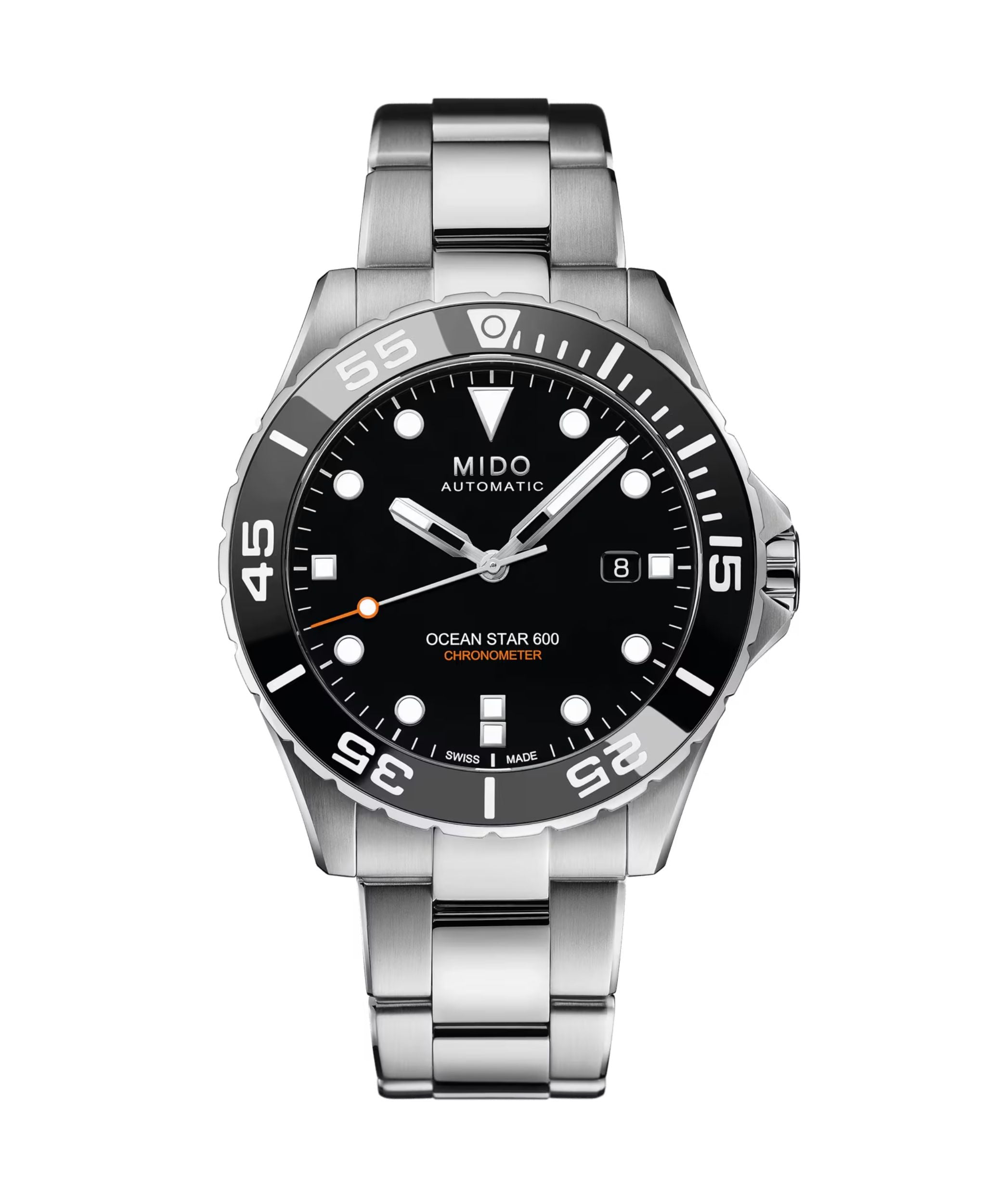 MIDO Ocean Star 600 Chronometer de 43.5 mm con esfera negra, caja de acero y brazalete de acero.