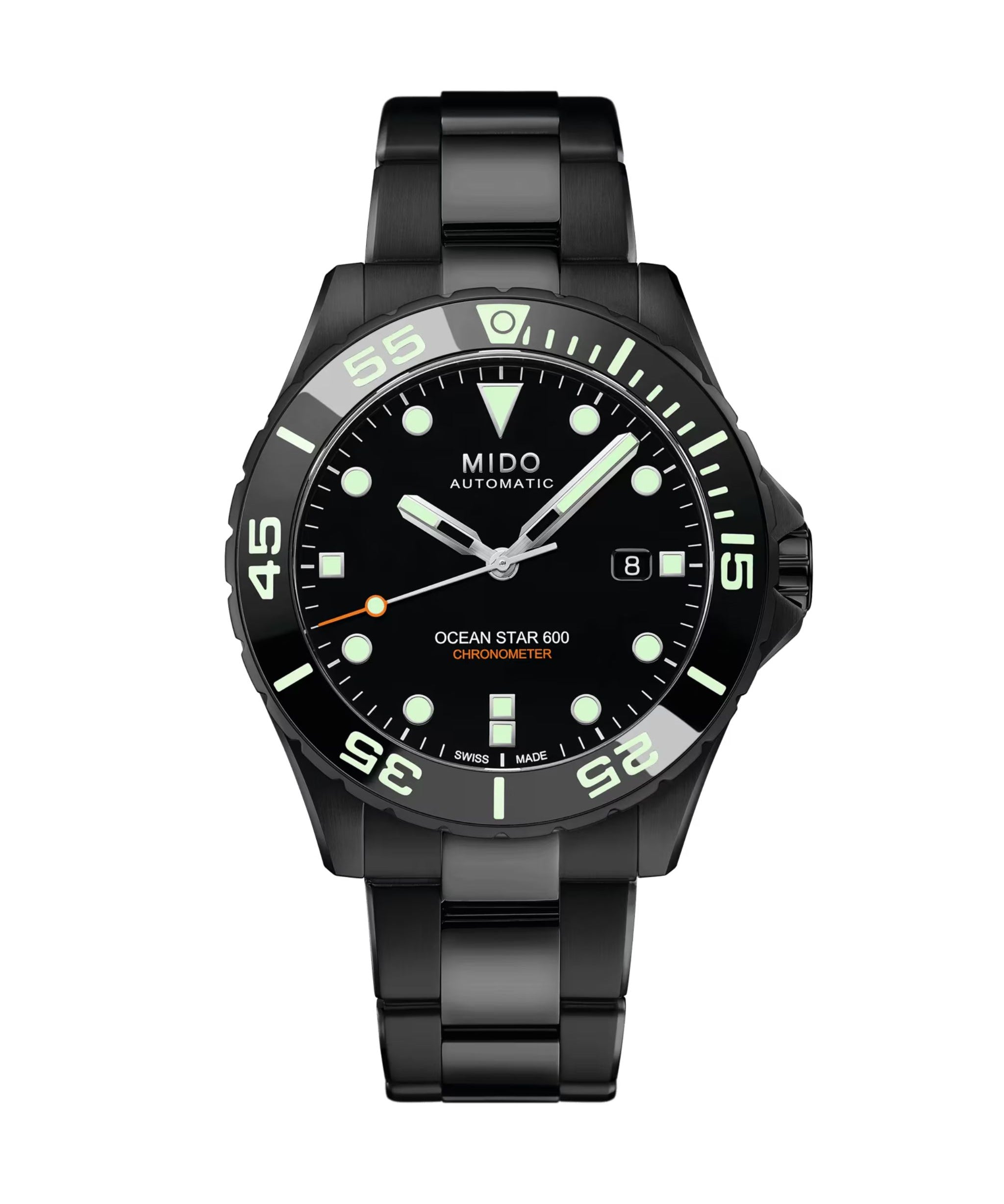 MIDO Ocean Star 600 Chronometer de 43.5 mm con esfera negra, caja de acero DLC y correa de caucho negra.