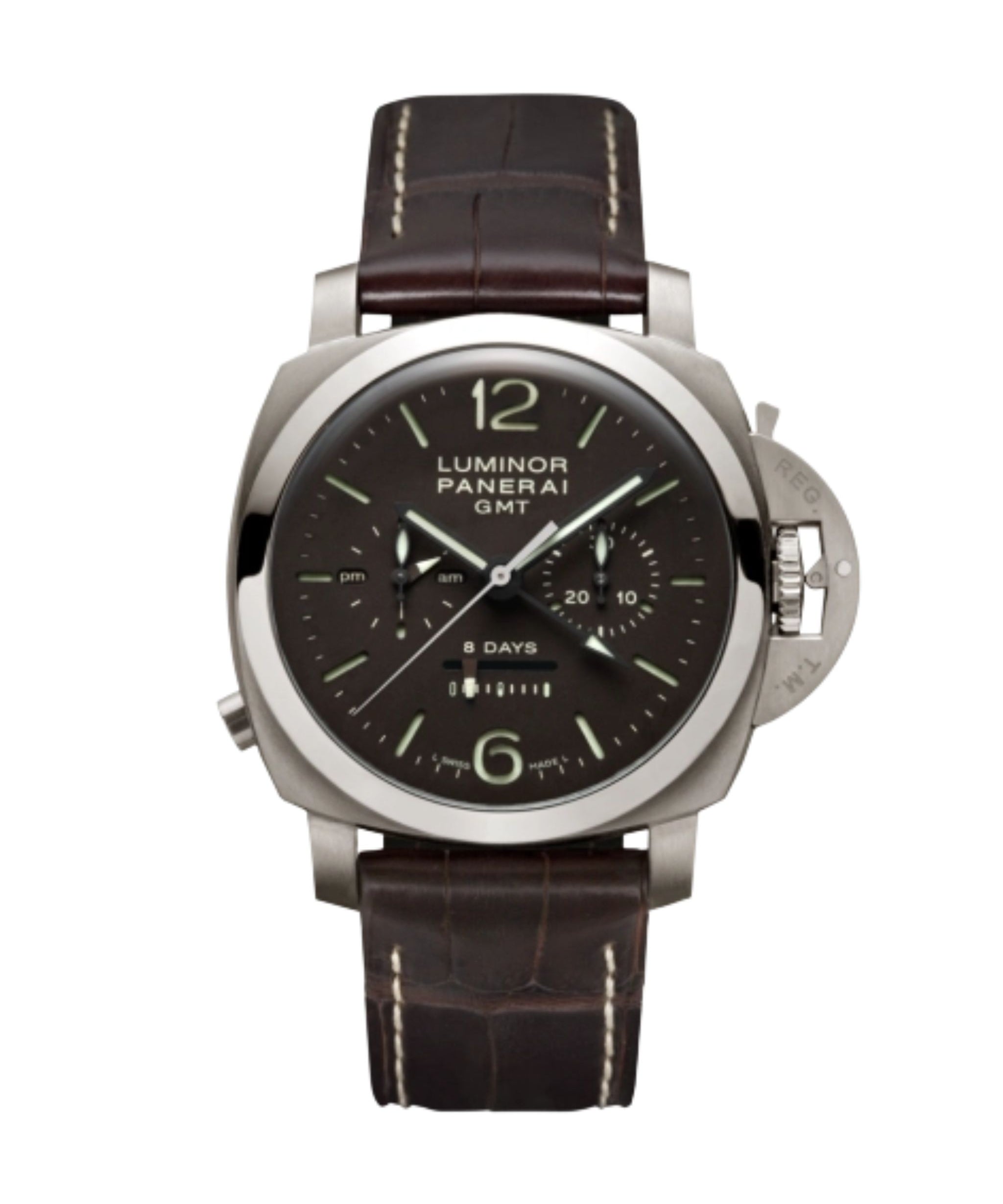 Panerai Luminor 1950 Chrono Monopulsante 8 Days GMT con esfera marrón, caja de titanio de 44 mm y correa de piel marrón.