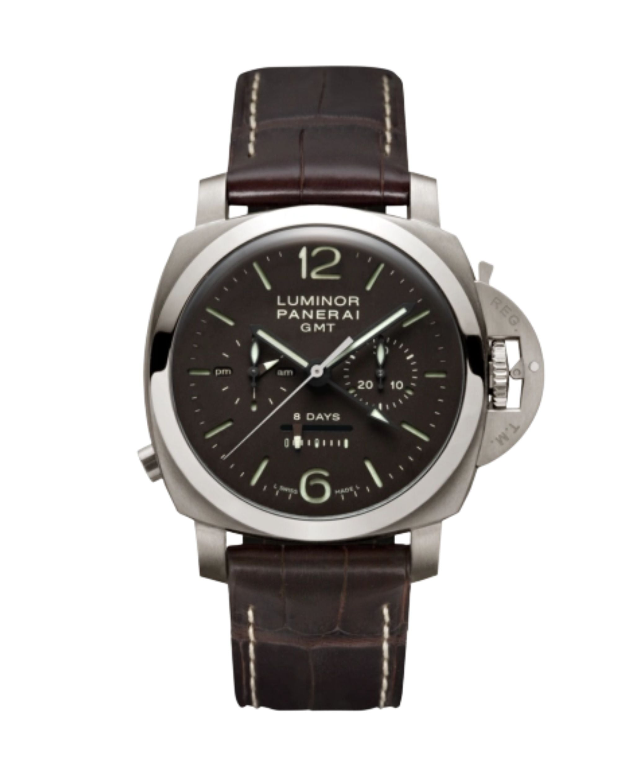 Panerai Luminor 1950 Chrono Monopulsante 8 Days GMT con esfera marrón, caja de titanio de 44 mm y correa de piel marrón.