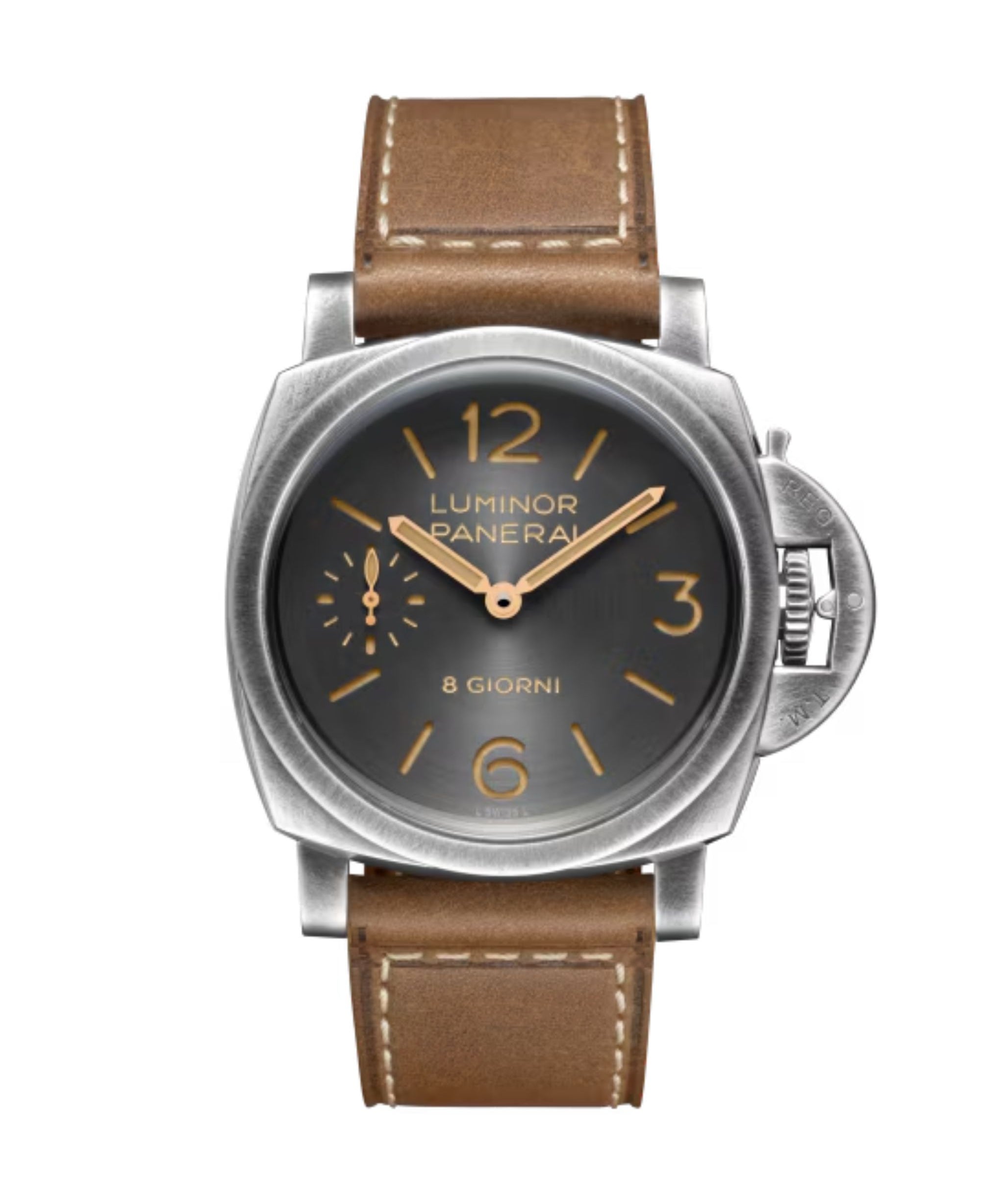 Panerai Luminor 8 Giorni con esfera antracita, caja de acero Brunito de 44 mm y correa marrón.