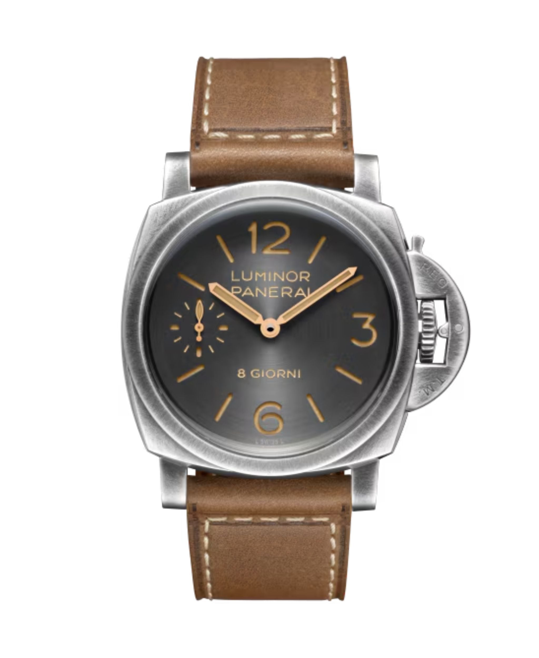 Panerai Luminor 8 Giorni con esfera antracita, caja de acero Brunito de 44 mm y correa marrón.