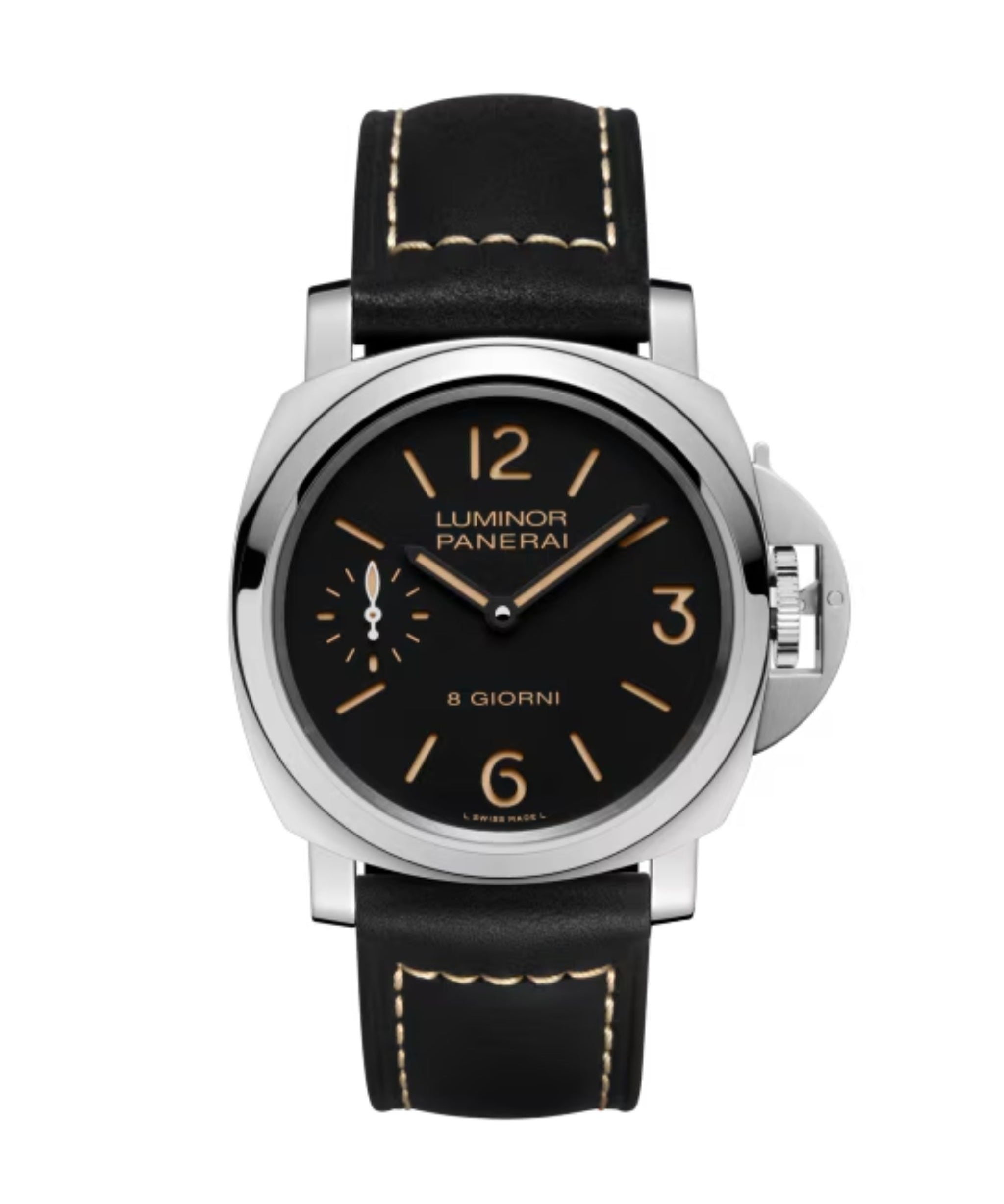 Panerai Luminor 8 Giorni de 44 mm con esfera negra, caja de acero y correa de piel negra.