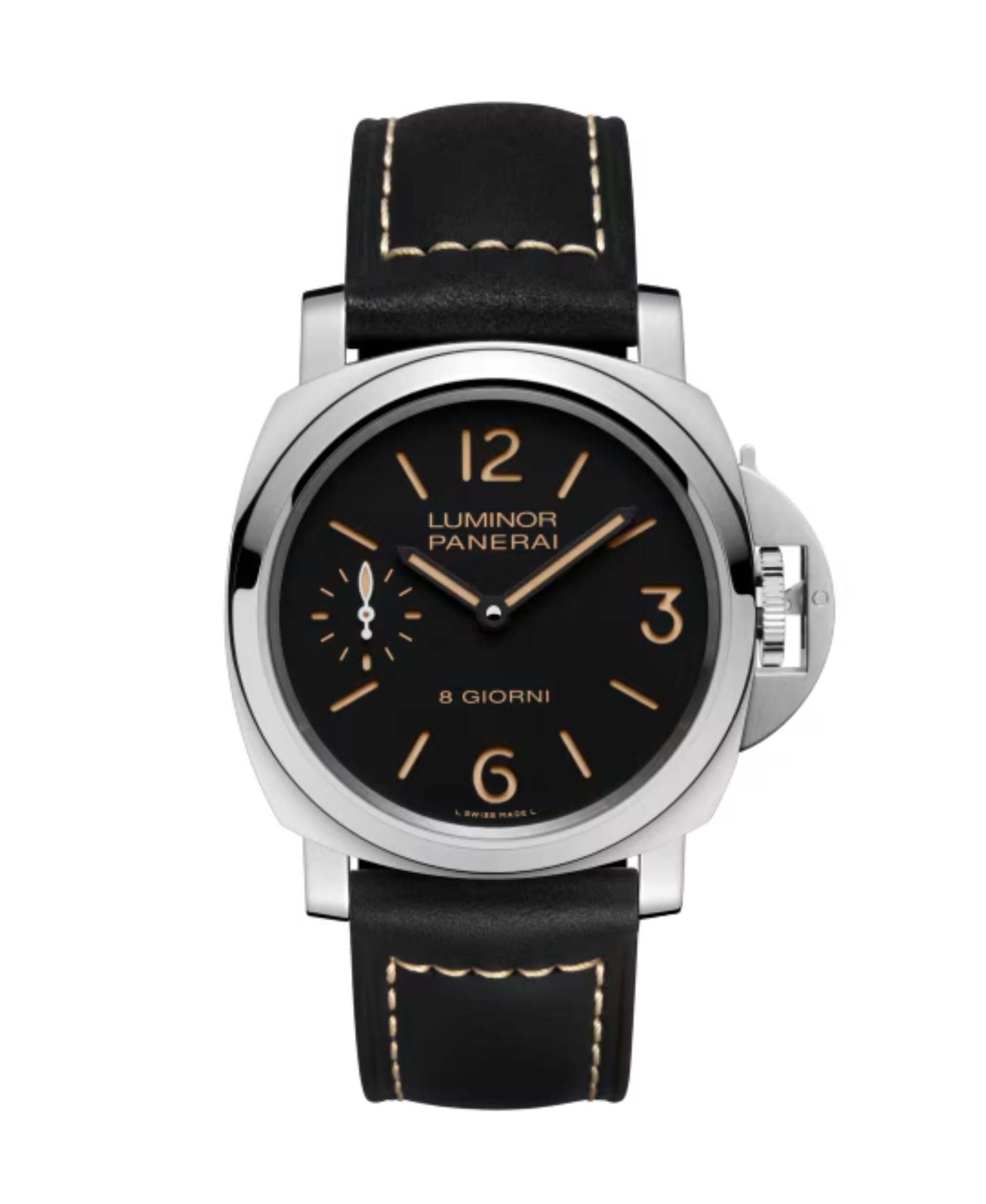 Panerai Luminor 8 Giorni de 44 mm con esfera negra, caja de acero y correa de piel negra.