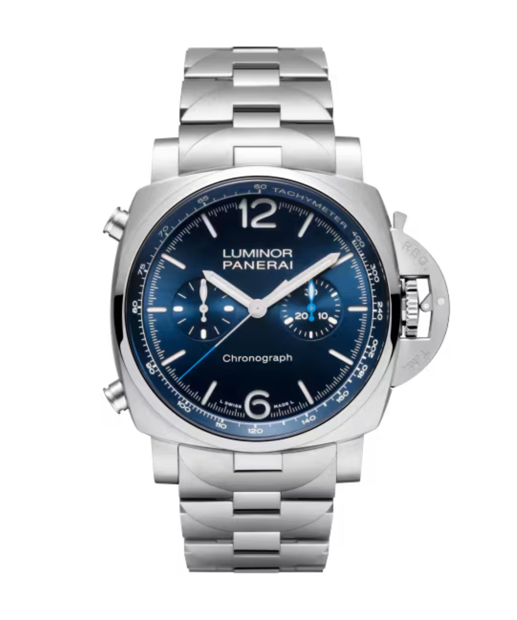Panerai Luminor Chrono de 44 mm con esfera azul, caja y brazalete de acero y escala taquimétrica.