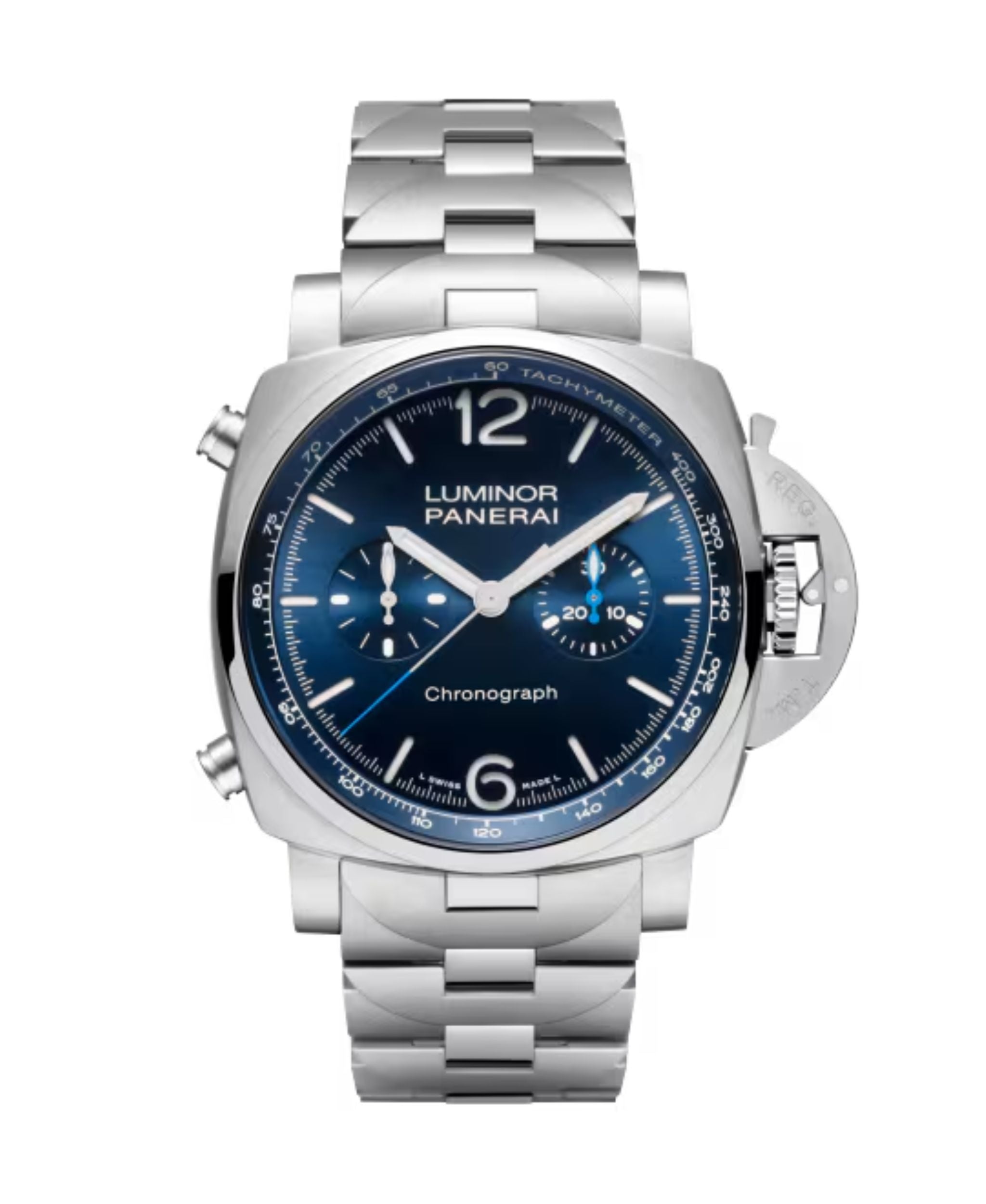 Panerai Luminor Chrono de 44 mm con esfera azul, caja y brazalete de acero y escala taquimétrica.