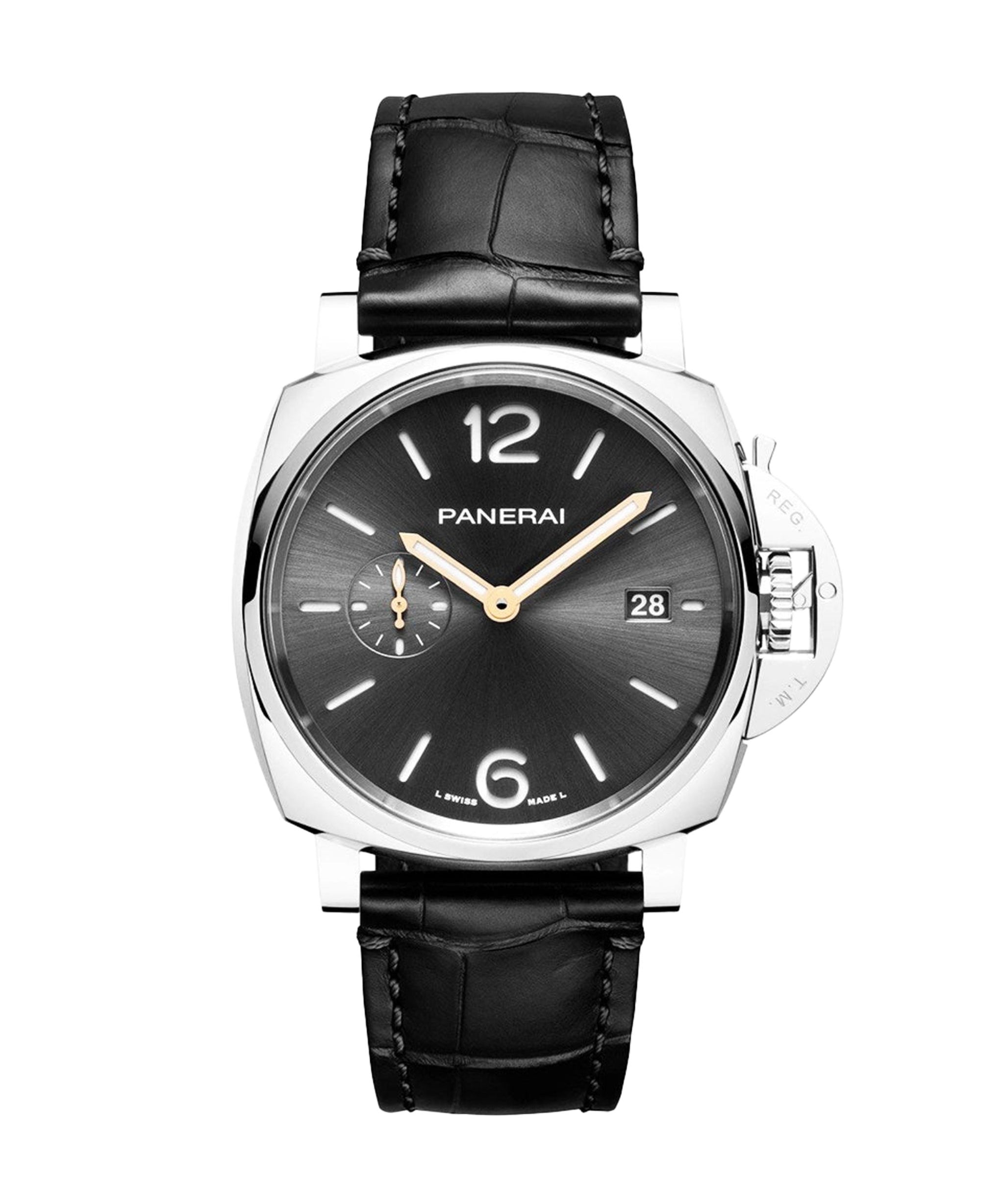 Reloj Panerai Luminor Due de 42 mm con esfera negra, caja de acero y correa negra de caimán.