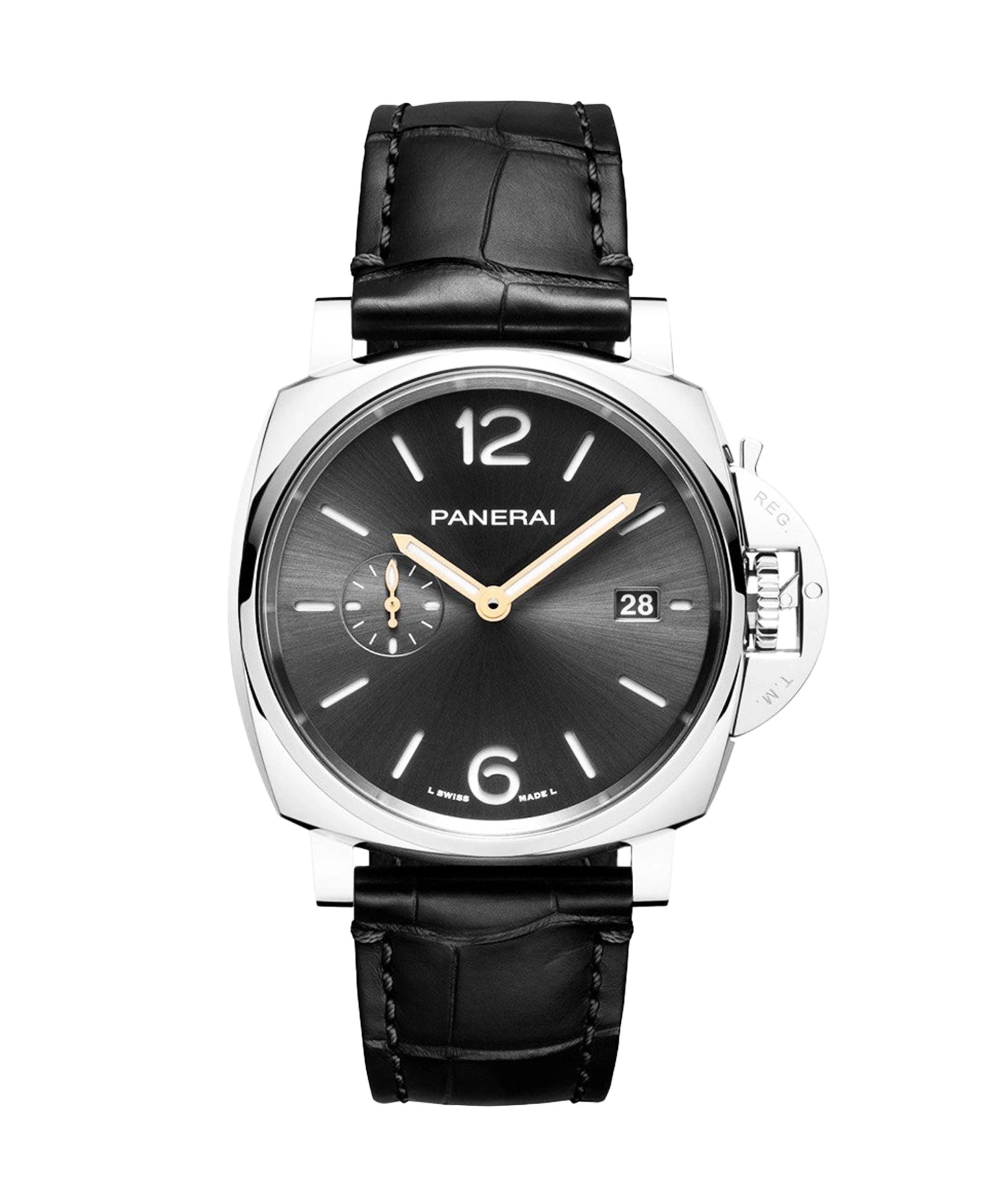 Reloj Panerai Luminor Due de 42 mm con esfera negra, caja de acero y correa negra de caimán.