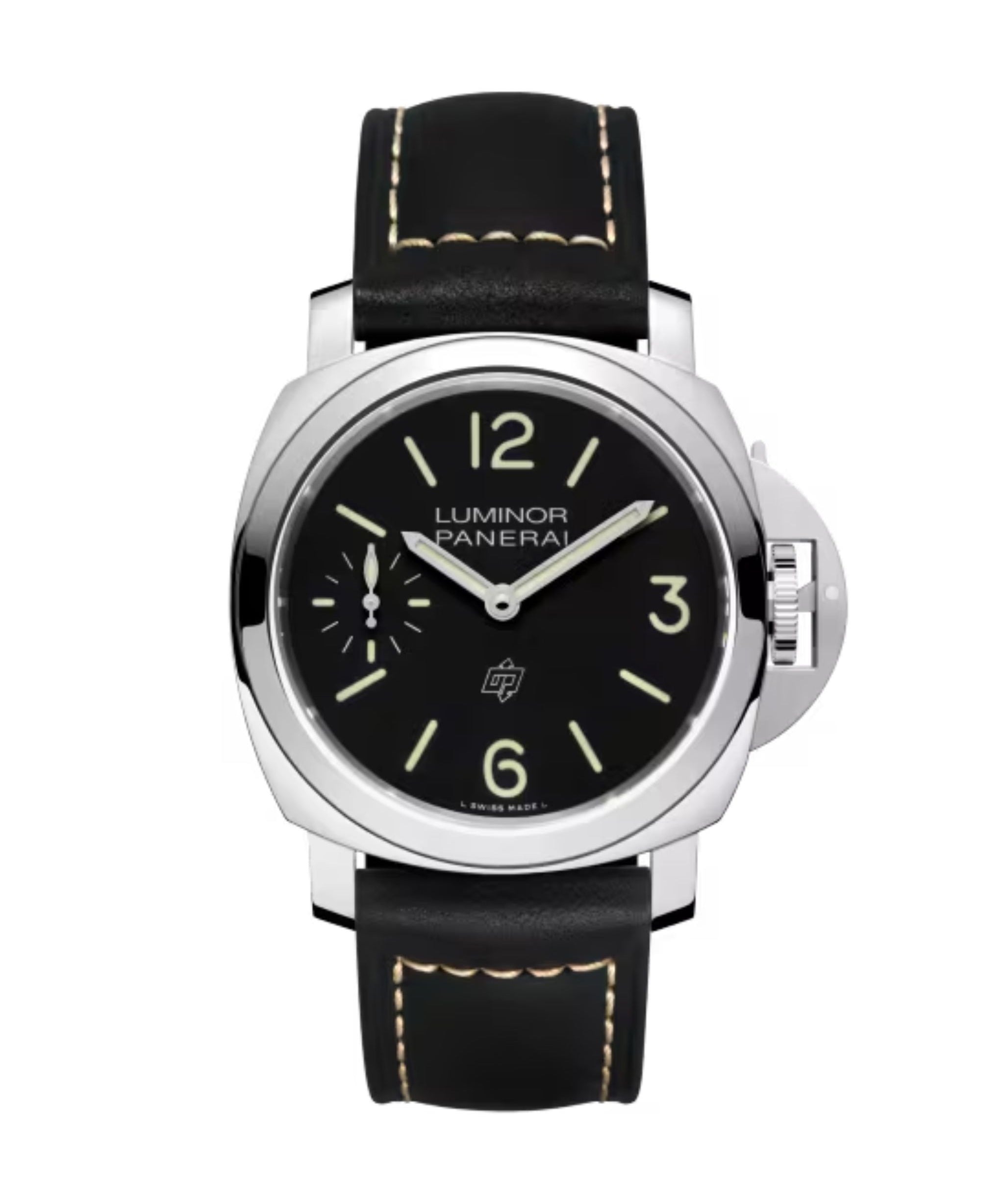 Panerai Luminor Logo de 44 mm con esfera negra, caja de acero y correa de piel negra con pespuntes beige.