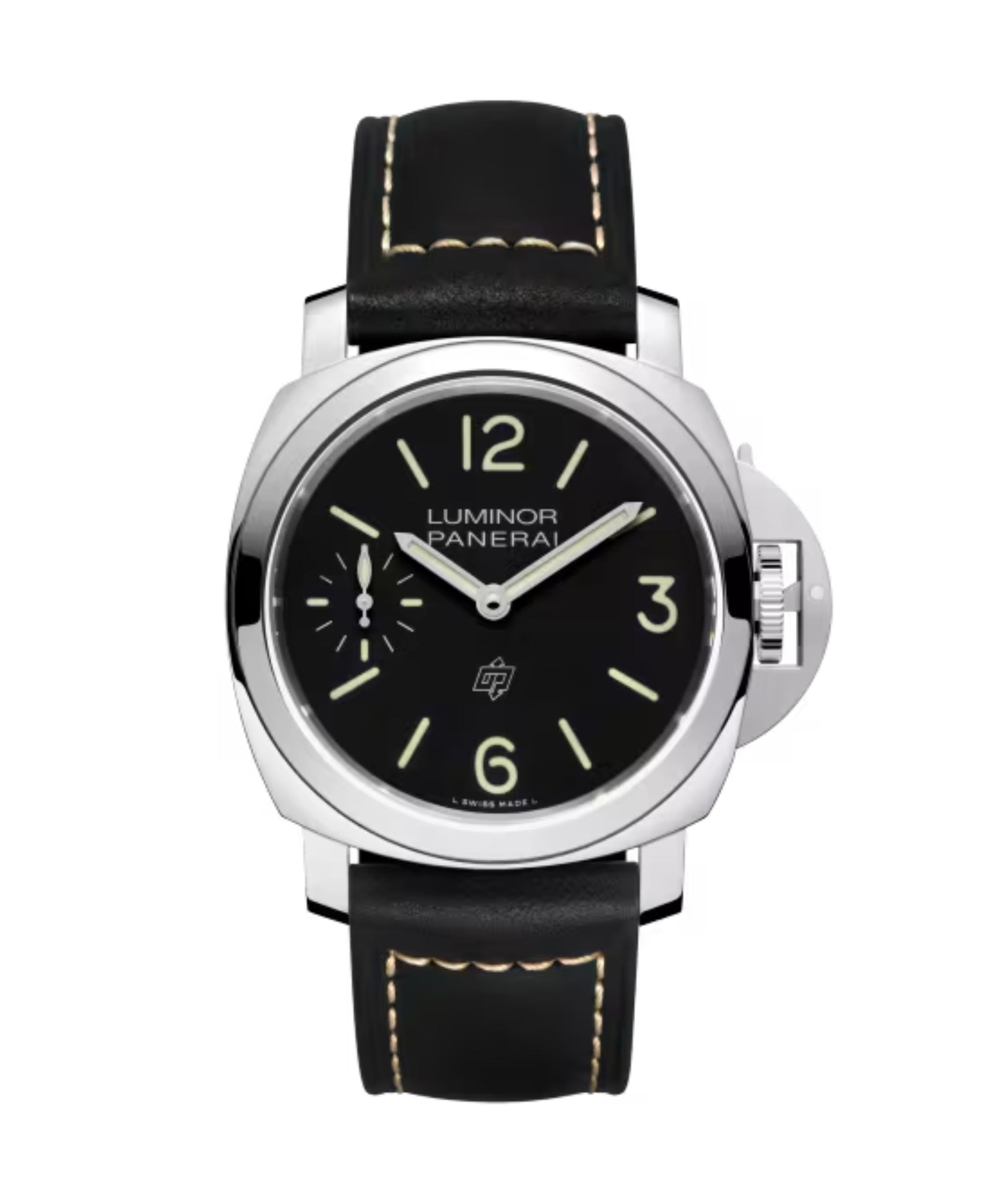 Panerai Luminor Logo de 44 mm con esfera negra, caja de acero y correa de piel negra con pespuntes beige.