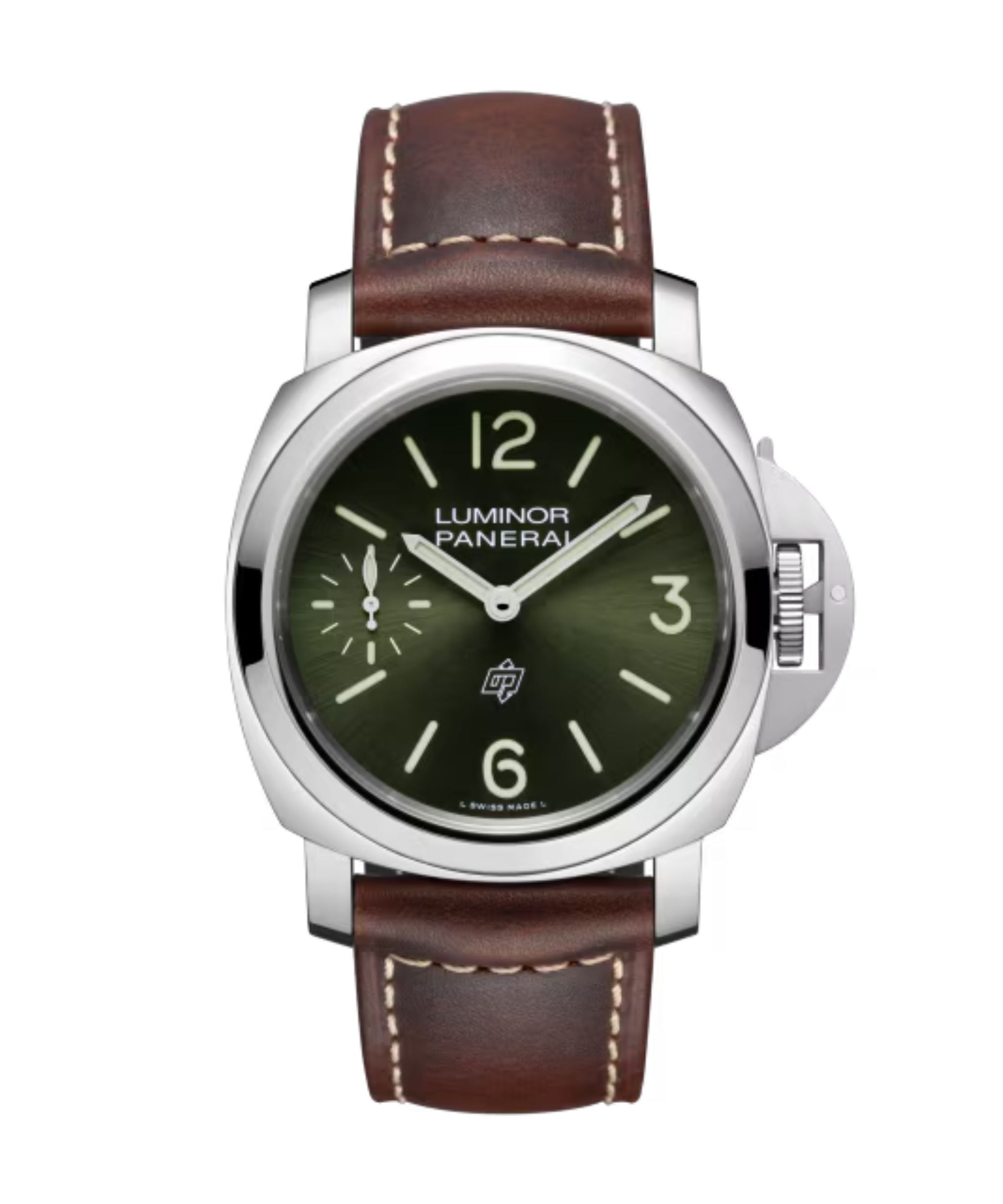 Panerai Luminor Logo de 44 mm con esfera verde soleil, caja de acero y correa de piel marrón.