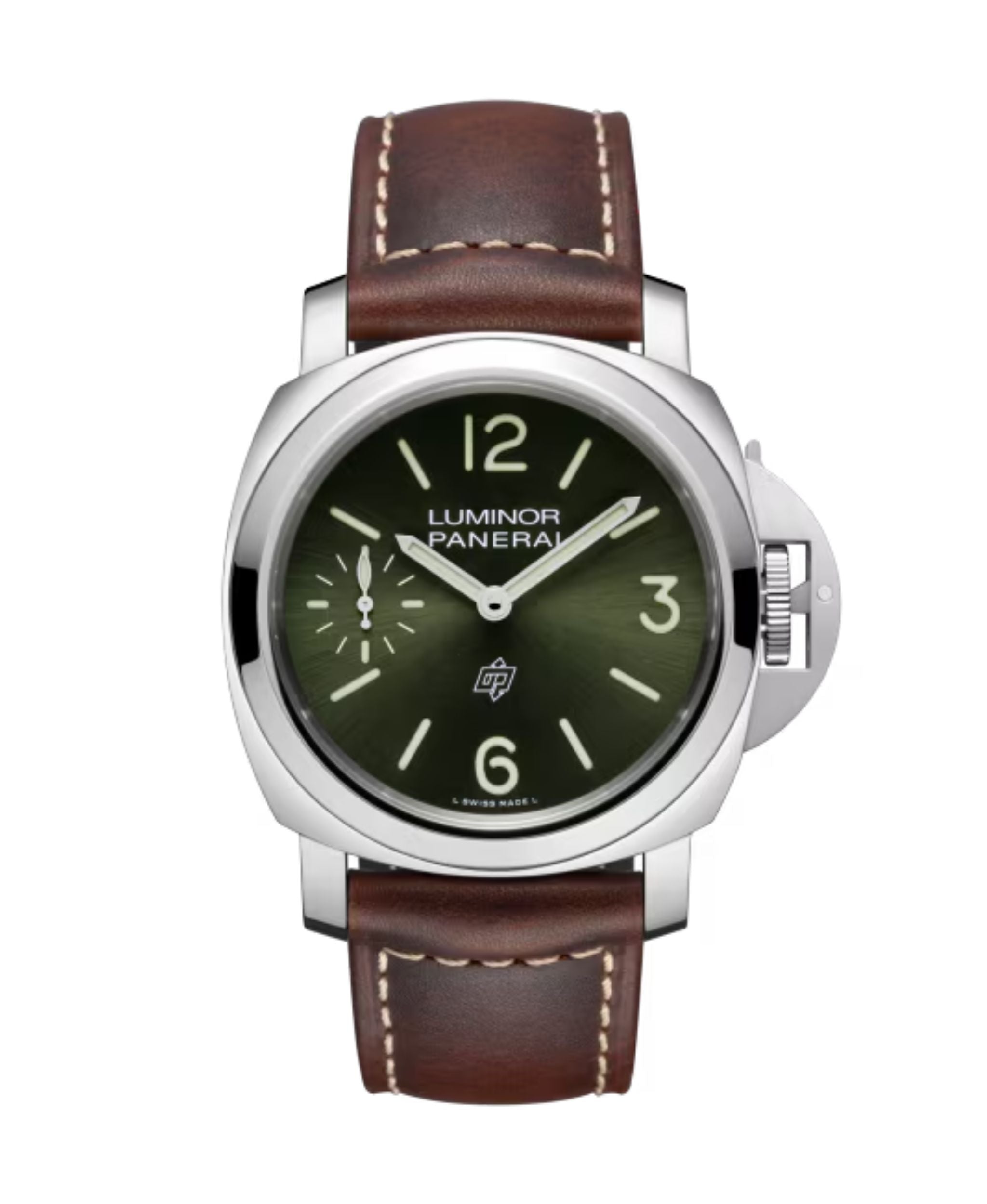 Panerai Luminor Logo de 44 mm con esfera verde soleil, caja de acero y correa de piel marrón.