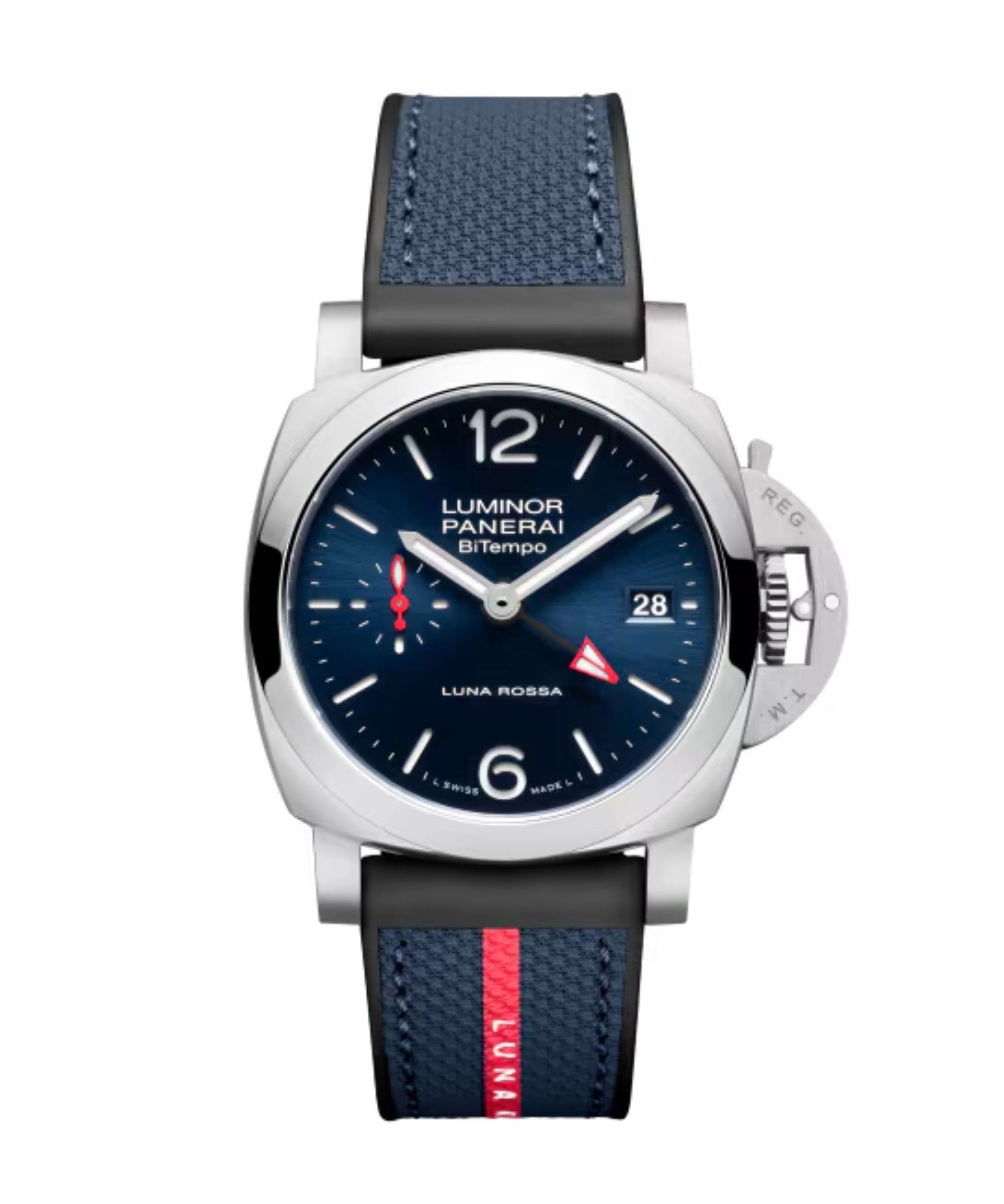 Panerai Luminor Luna Rossa GMT de 40 mm con esfera azul, caja de acero y correa bimaterial de caucho y textil.